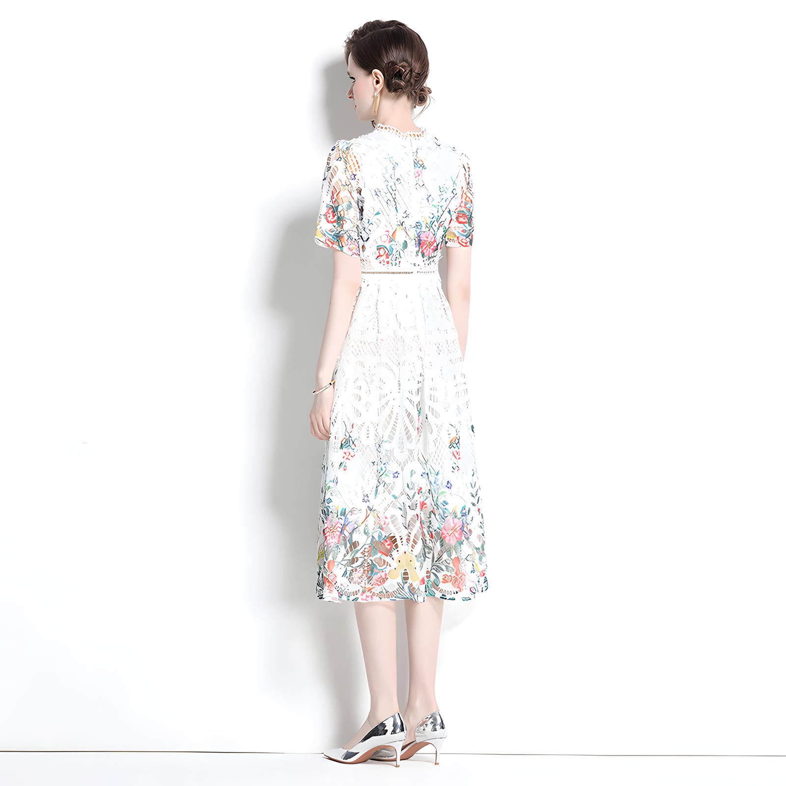 Printed Flower French Lace Jewel Neckline Dress - 802164123981_BAS