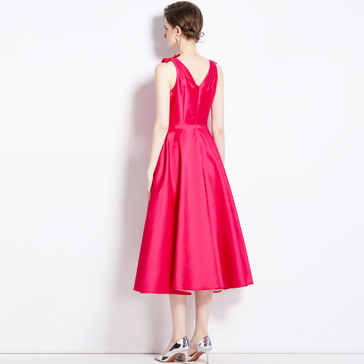 Hepburn Style Shoulder Bow V Neck Solid Hot Pink Satin Dress - 1630#701