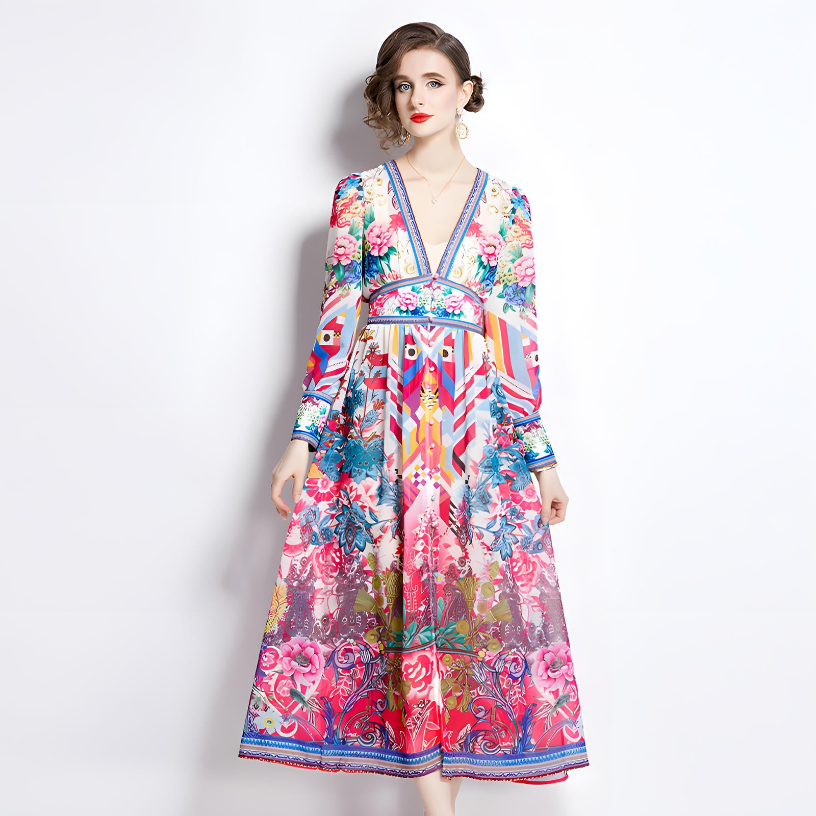 Printed Chiffon Plunging V - Neckline Elasticated Waist Front Split Long Dress - NRJ-720#2495
