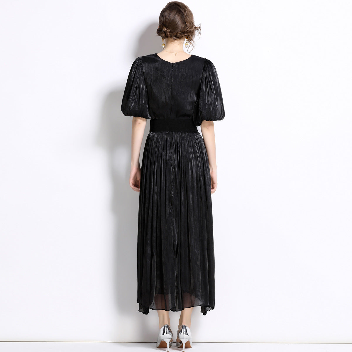 Glossy Pearlescent Chiffon Satin Fabric Lantern Sleeve Black Dress with Belt - 826775506420_BAS