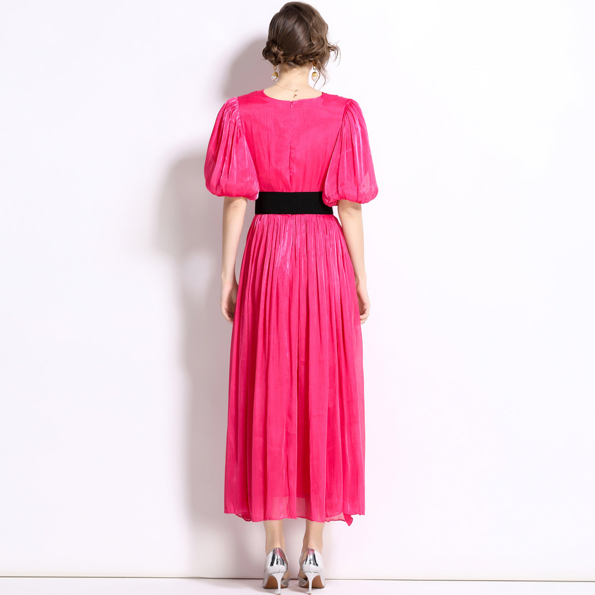 Glossy Pearlescent Chiffon Satin Fabric Lantern Sleeve Rose Red Dress with Belt - 826597659866_BAS