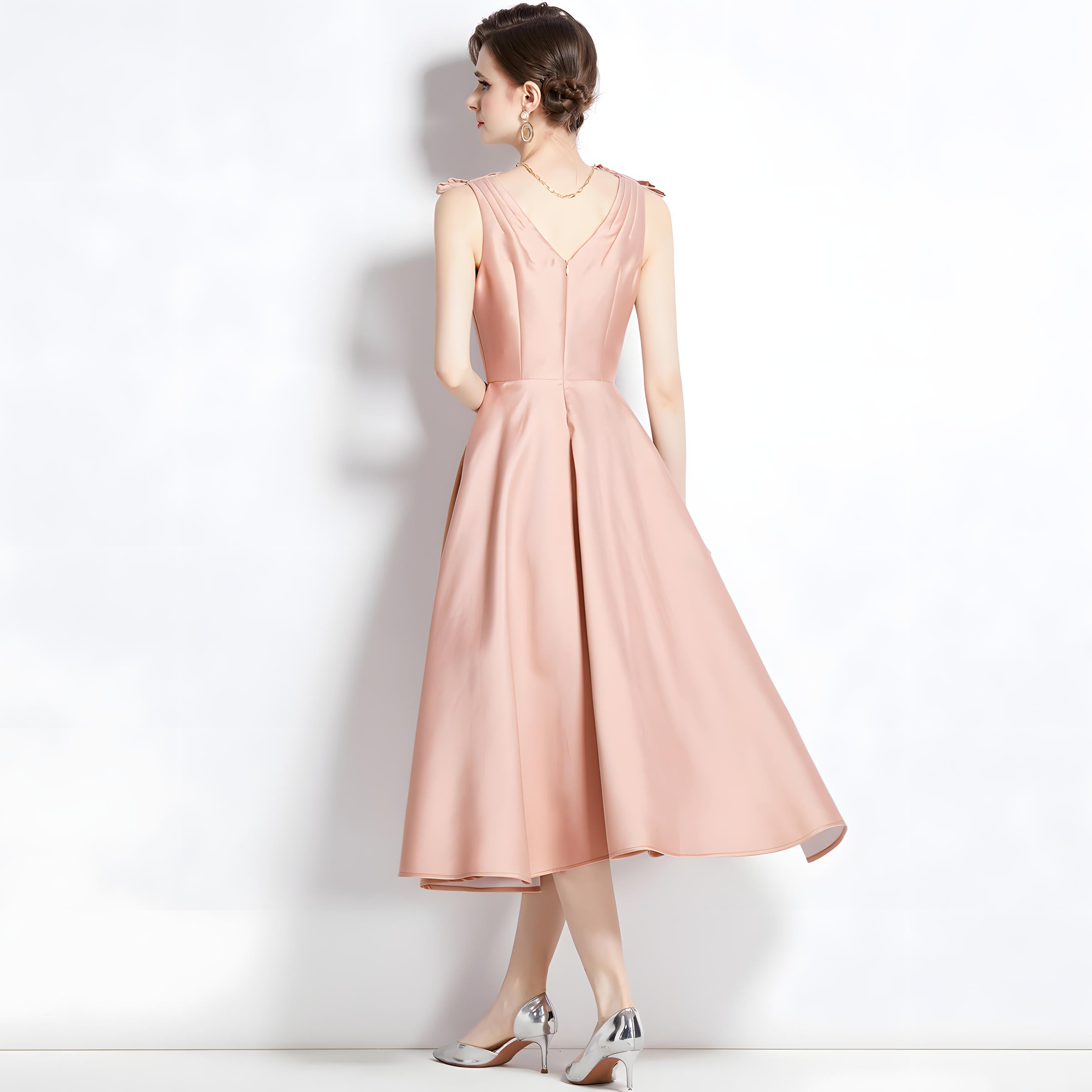 Hepburn Style Shoulder Bow V Neck Solid Peach Satin Dress - 1632#701