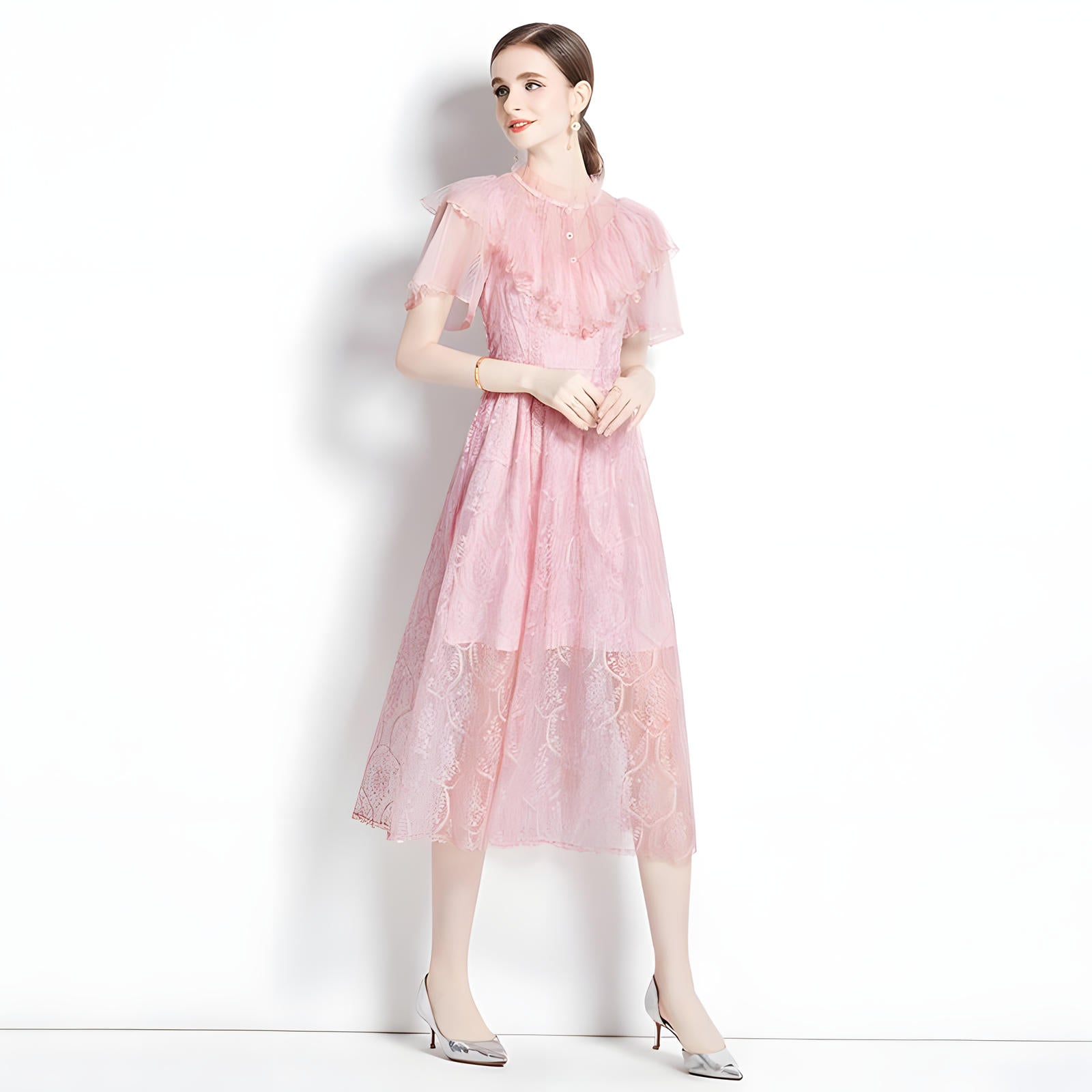 Embroidered French Lace Ruffled Vest High Neck Soft Pink Neck Dress - 728916375940_BAS