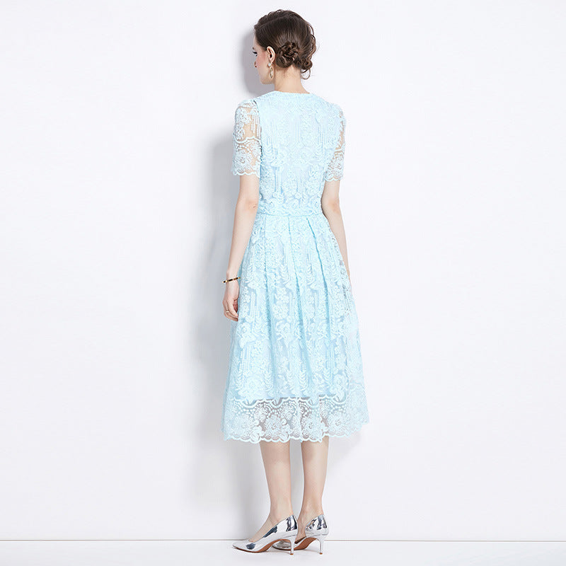 Embroidered French Lace Single Breasted Blouse and Skirt Two Piece Sky Blue Set - 791563752383_BAS