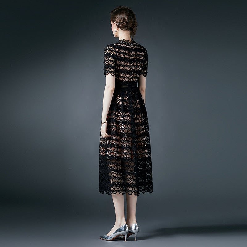 French Crocheted Lace Round Neck A - Line Black Dress - 780697439219