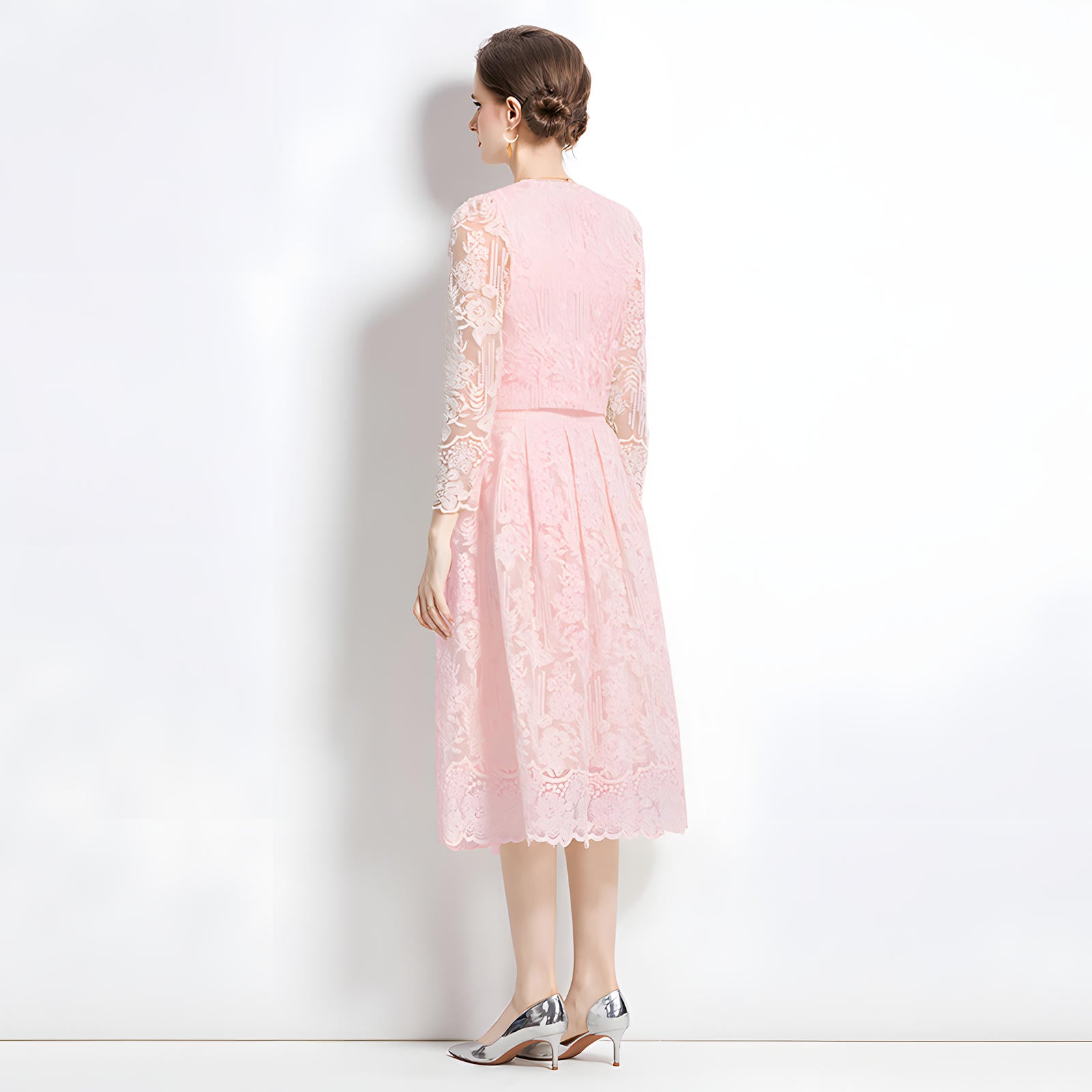 Embroidered French Lace Single Breasted Full Sleeve Blouse and Skirt Two Piece Set - 8566 #607_PINK (EOSS)