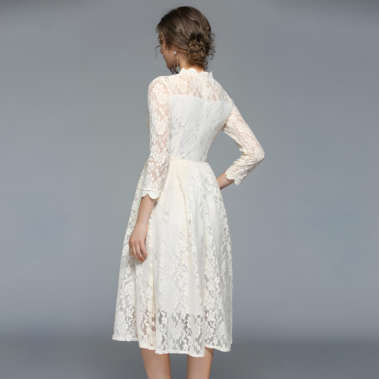 Luxury French Lace High Neck Retro White Dress - 752586637379