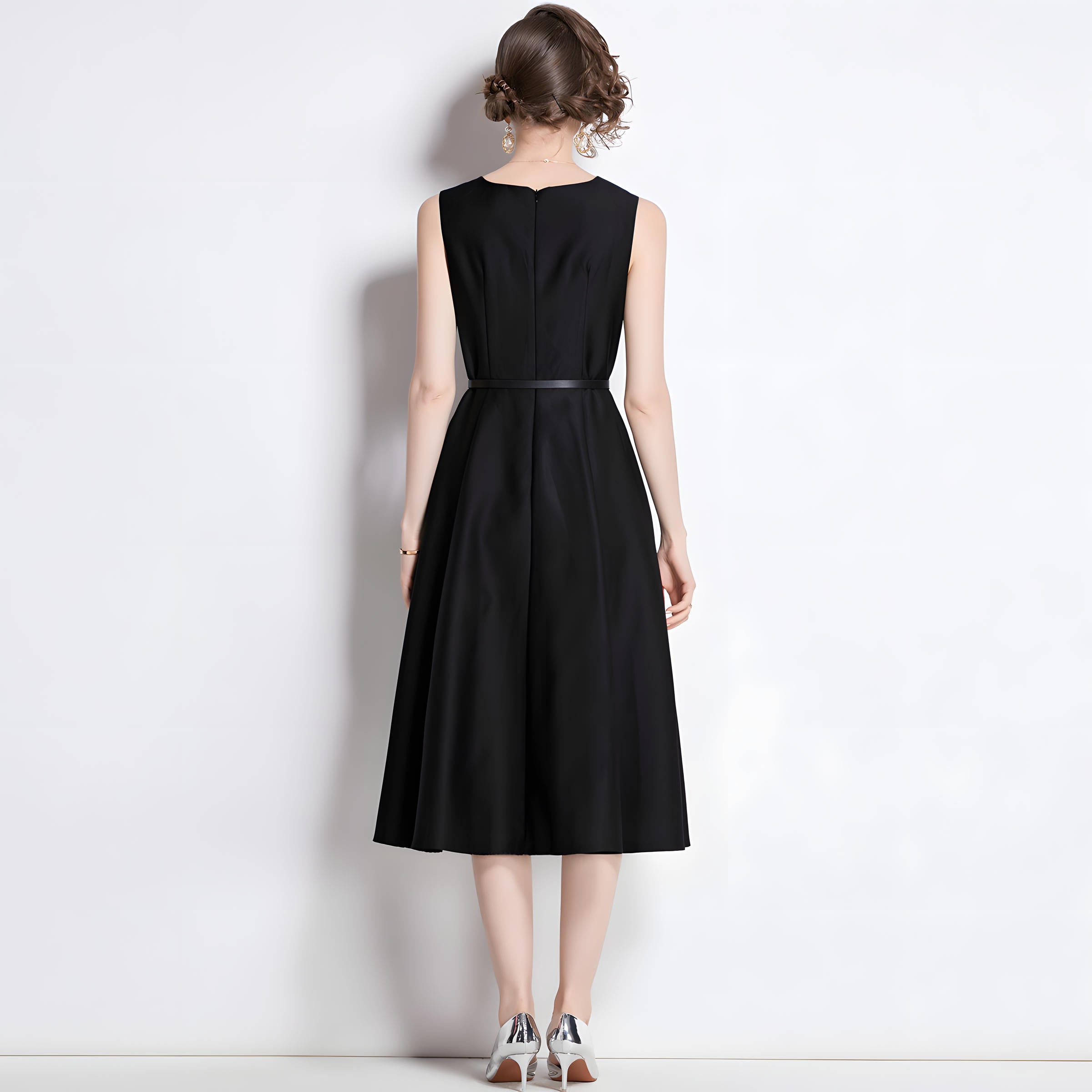 Princess Line Fitted Vest Black Sleeveless Satin Dress - 764176878578_BAS