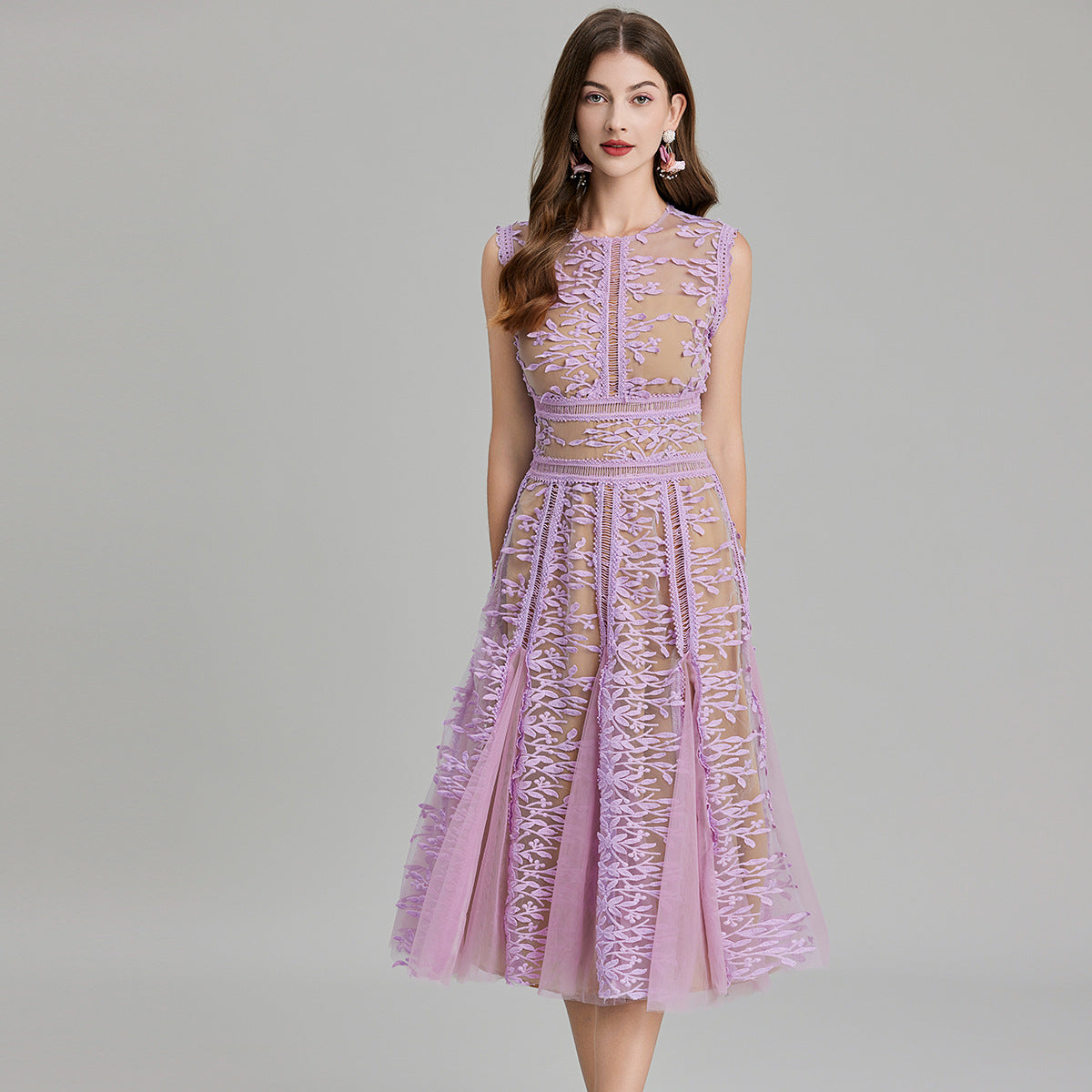 Lavender Mist Lace Flocked Midi Dress with Nude Lining - 823734853765_PUR