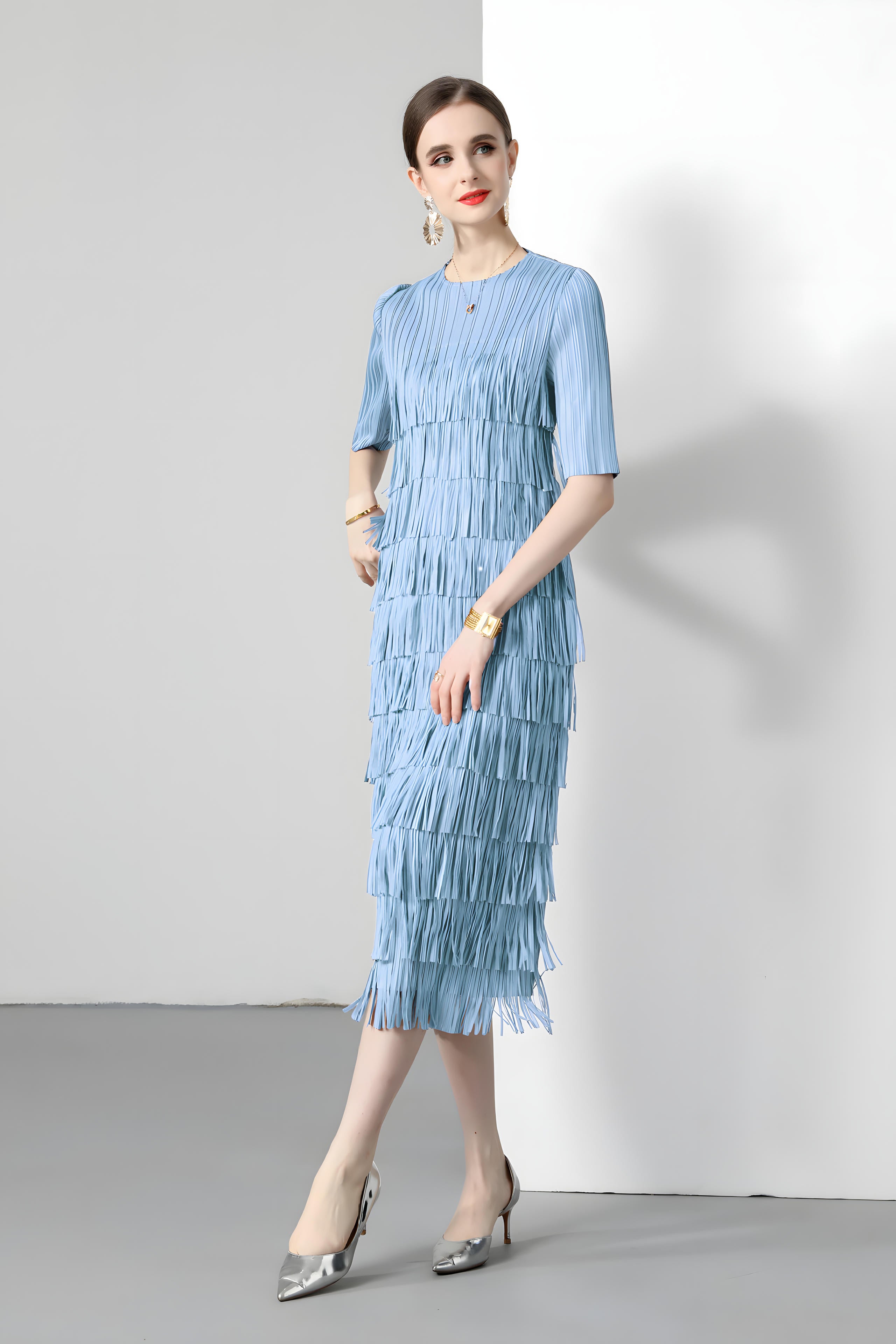 Multitier Fringe Stretchable Free Size Party Blue Dress - 764154489541_ZY_BLU