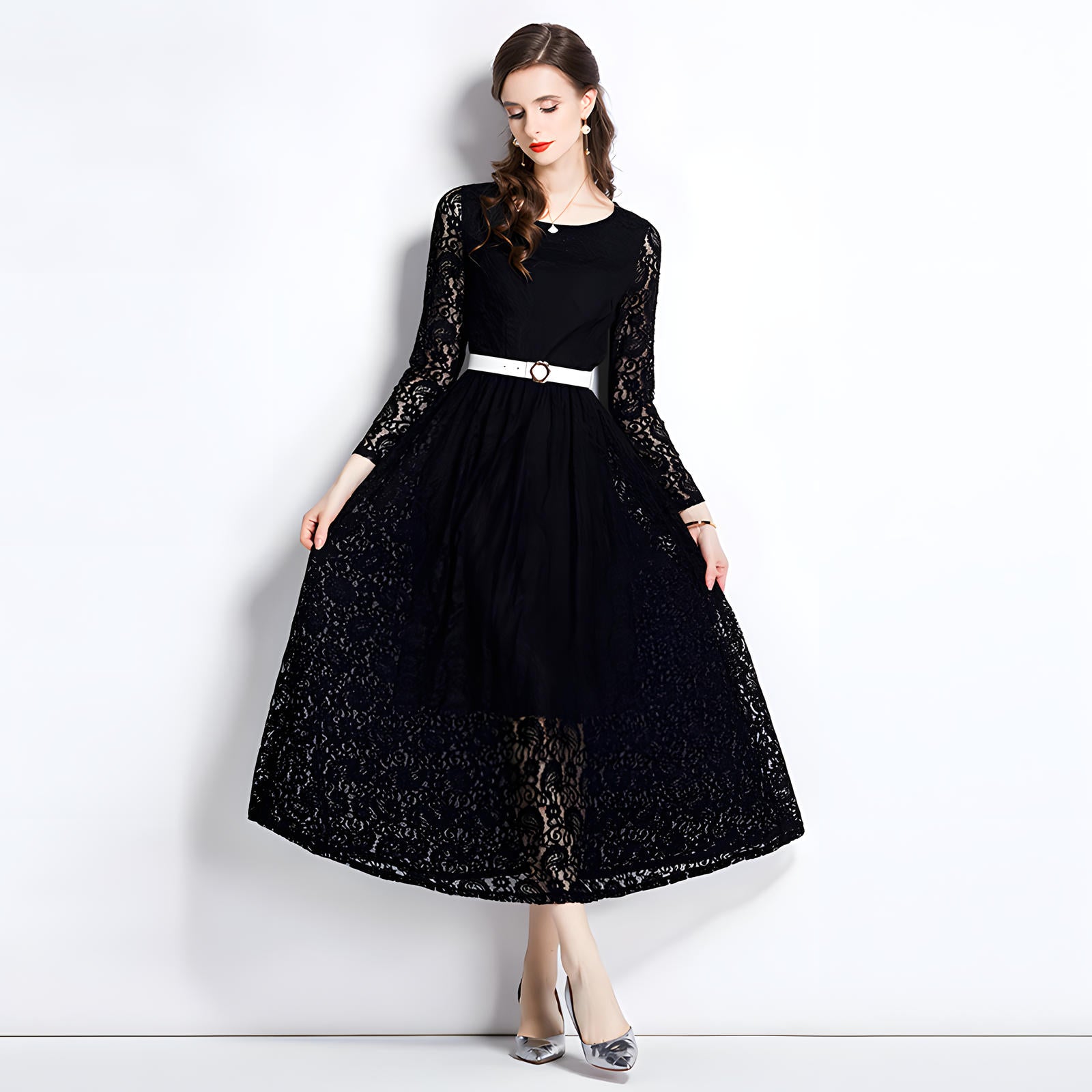 French Lace Long Sleeve Round Neck Long Dress With Belt - 751304773250