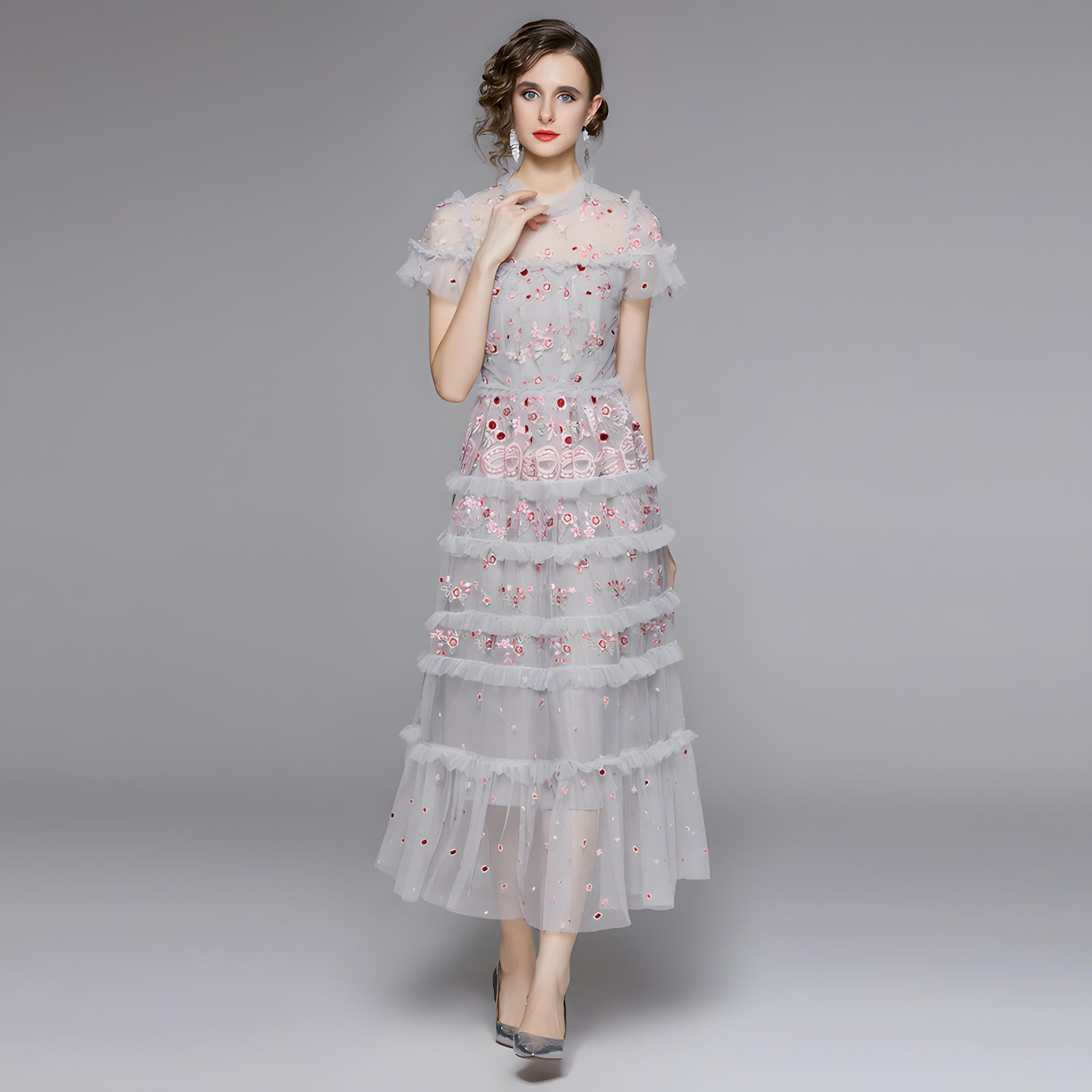 Embroidered Mesh Multitier Ruffled Skirt High Neck Long Grey Blue Dres - 700942841038_BAS