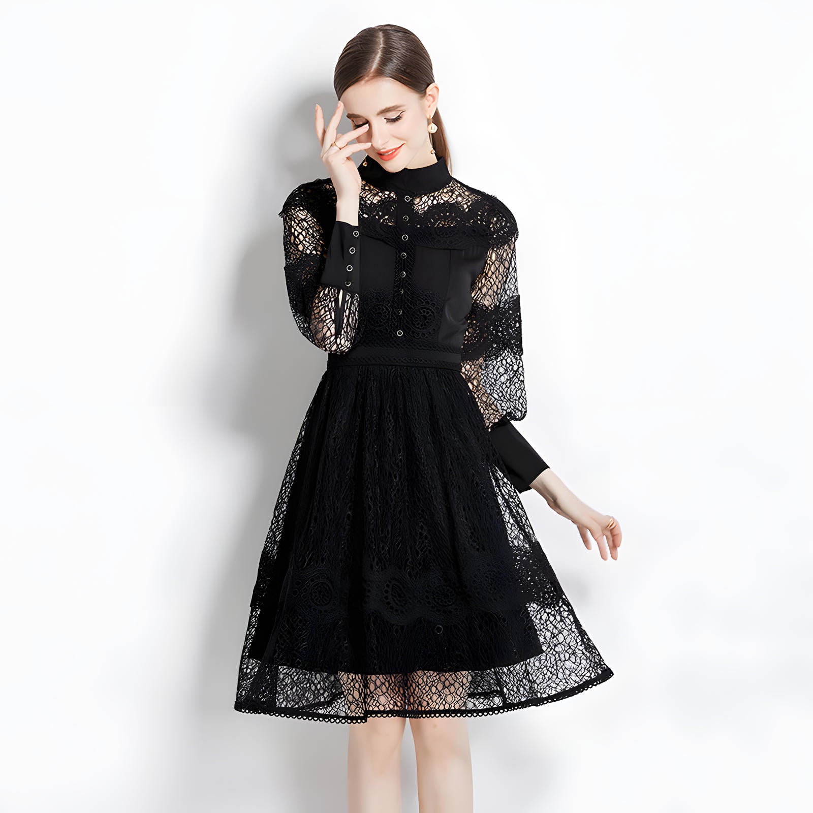 Luxury French Lace High Neck Retro Short Dress - 734561838831