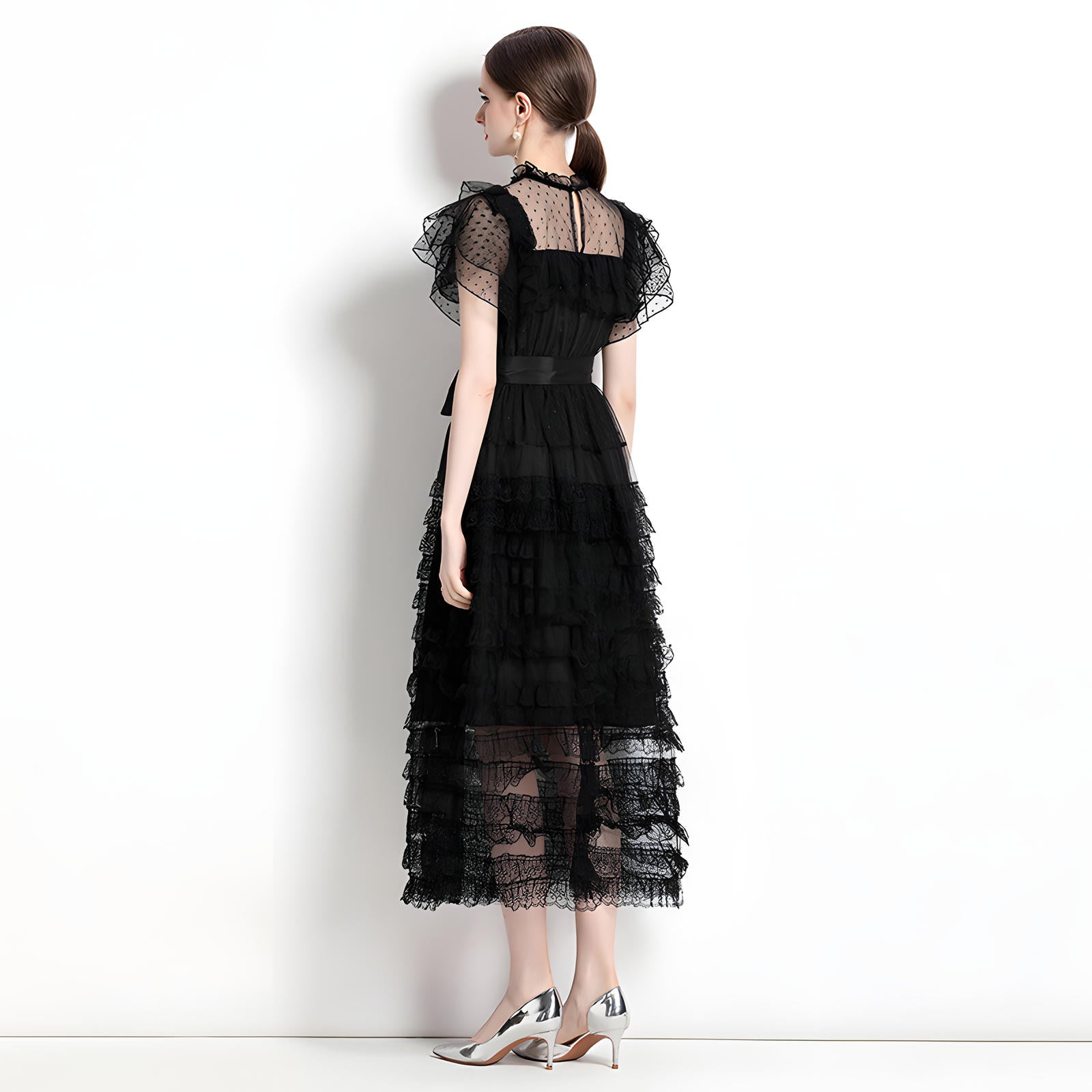 High Neck Polka Dot Mesh Multitier Skirt Elasticated Waist Butterfly Sleeve Black Dress With Satin Belt - 716644450507_BAS