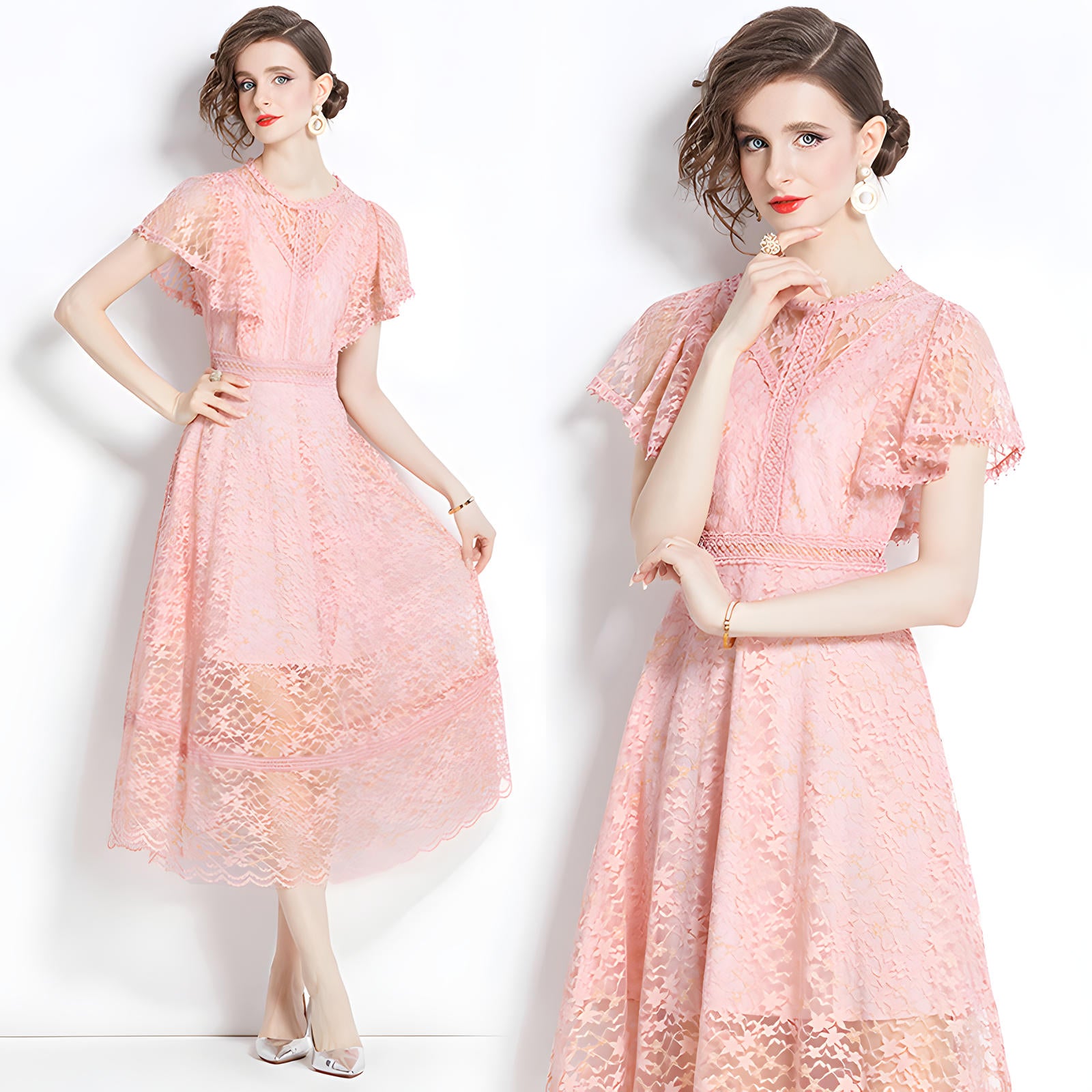 Luxury French Lace Round Neck Butterfly Sleeve Pink Dress - 787276650812