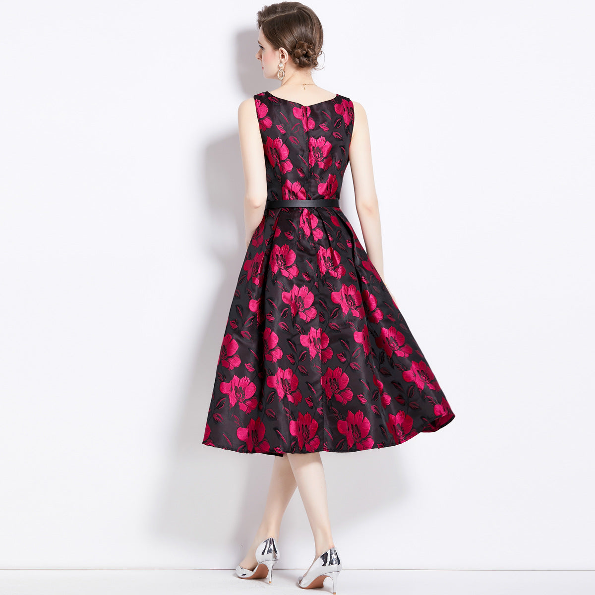 Sleeveless Square Neck Self Texture Jacquard Pleated Fitted Dress - 2085#701