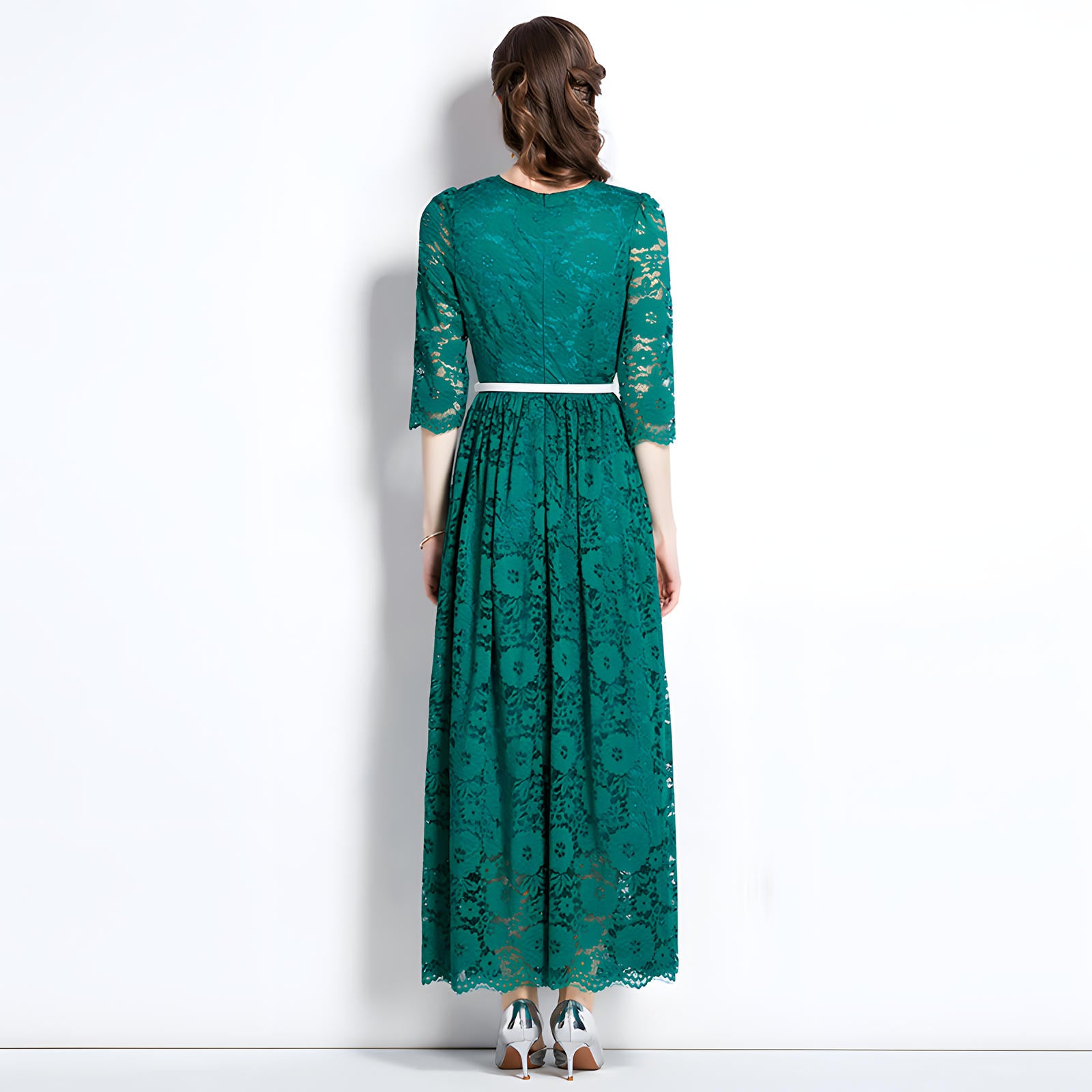 French Lace Long Sleeve Round Neck Long Dress With Belt - 745640185677