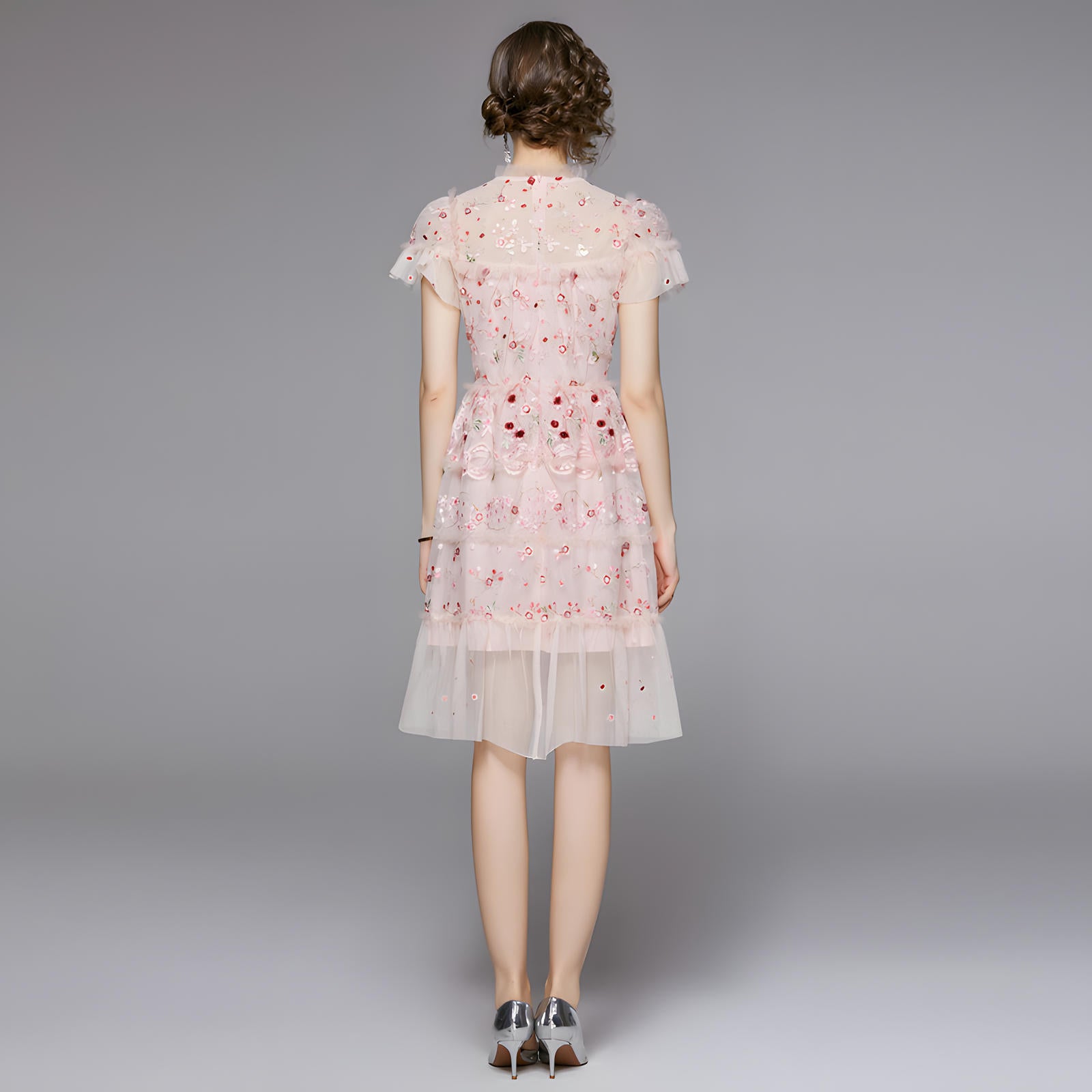 Embroidered Mesh Multitier Ruffled Skirt High Neck Pink Dress - 701166254679_BAS