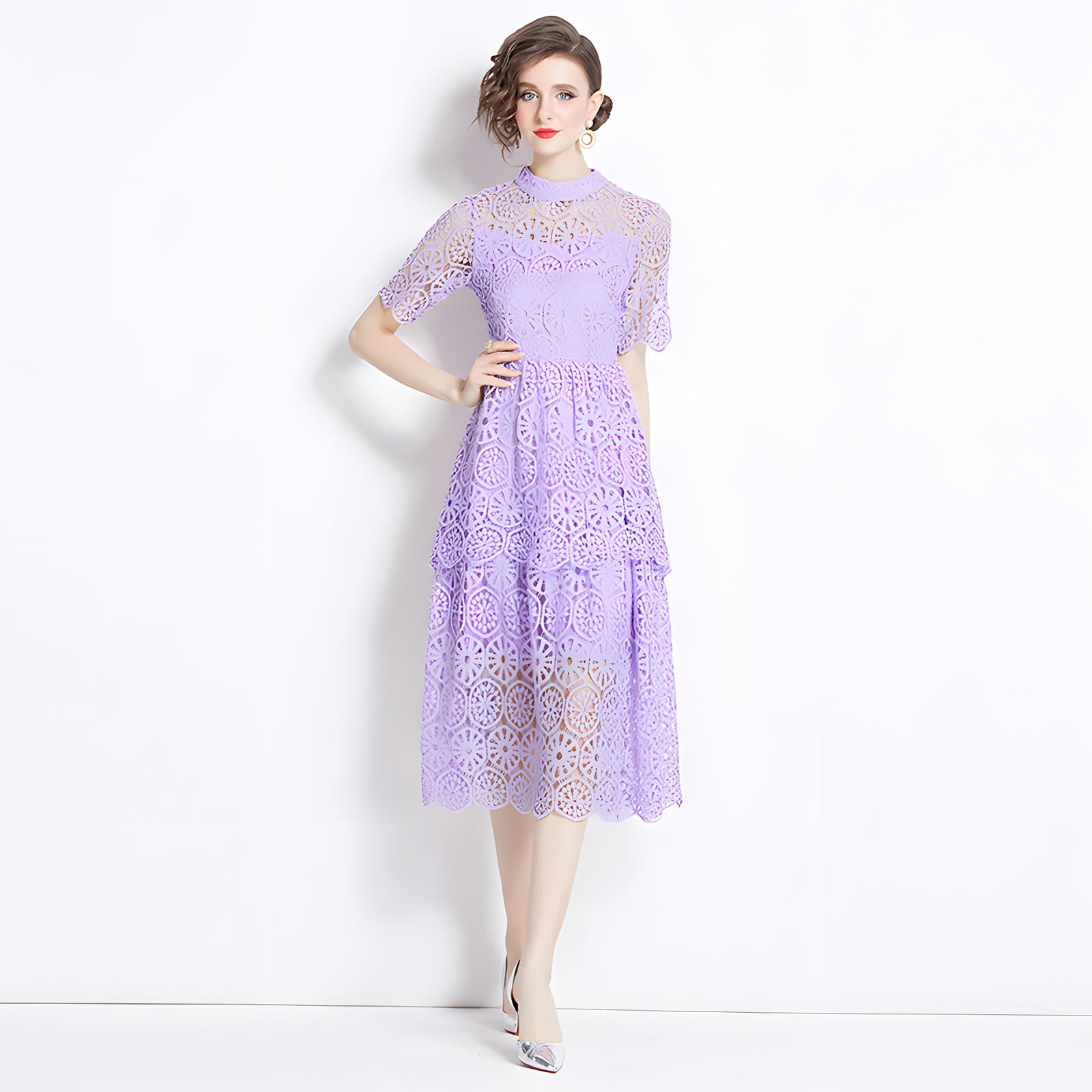 Luxury Multilayer French Lace High Neck Lavender Dress With Belt - 510#609_PUR