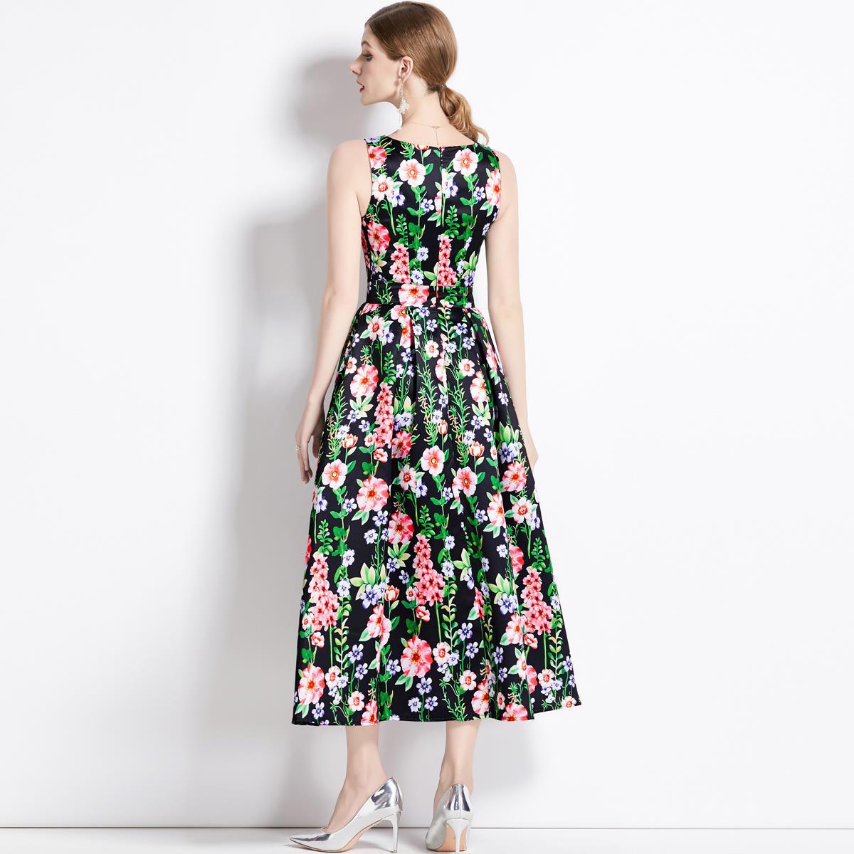 Sleeveless Boat Neck Fitted Vest Box Pleated Skirt Printed Satin Dress - 9080#701