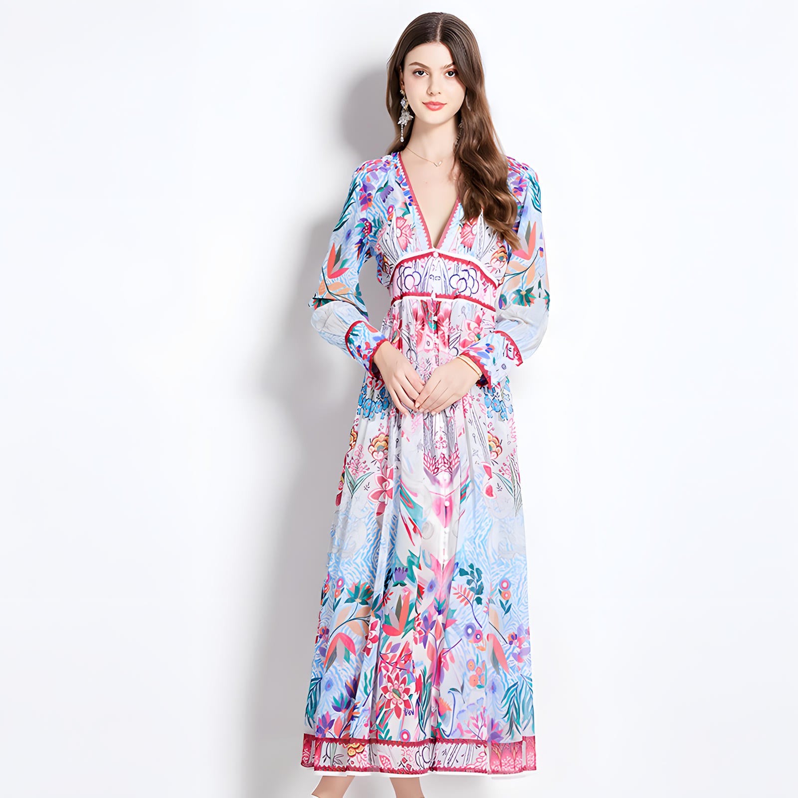 Printed Chiffon Plunging V - Neckline Elasticated Waist Front Split Long Dress - NRJ-720#2494