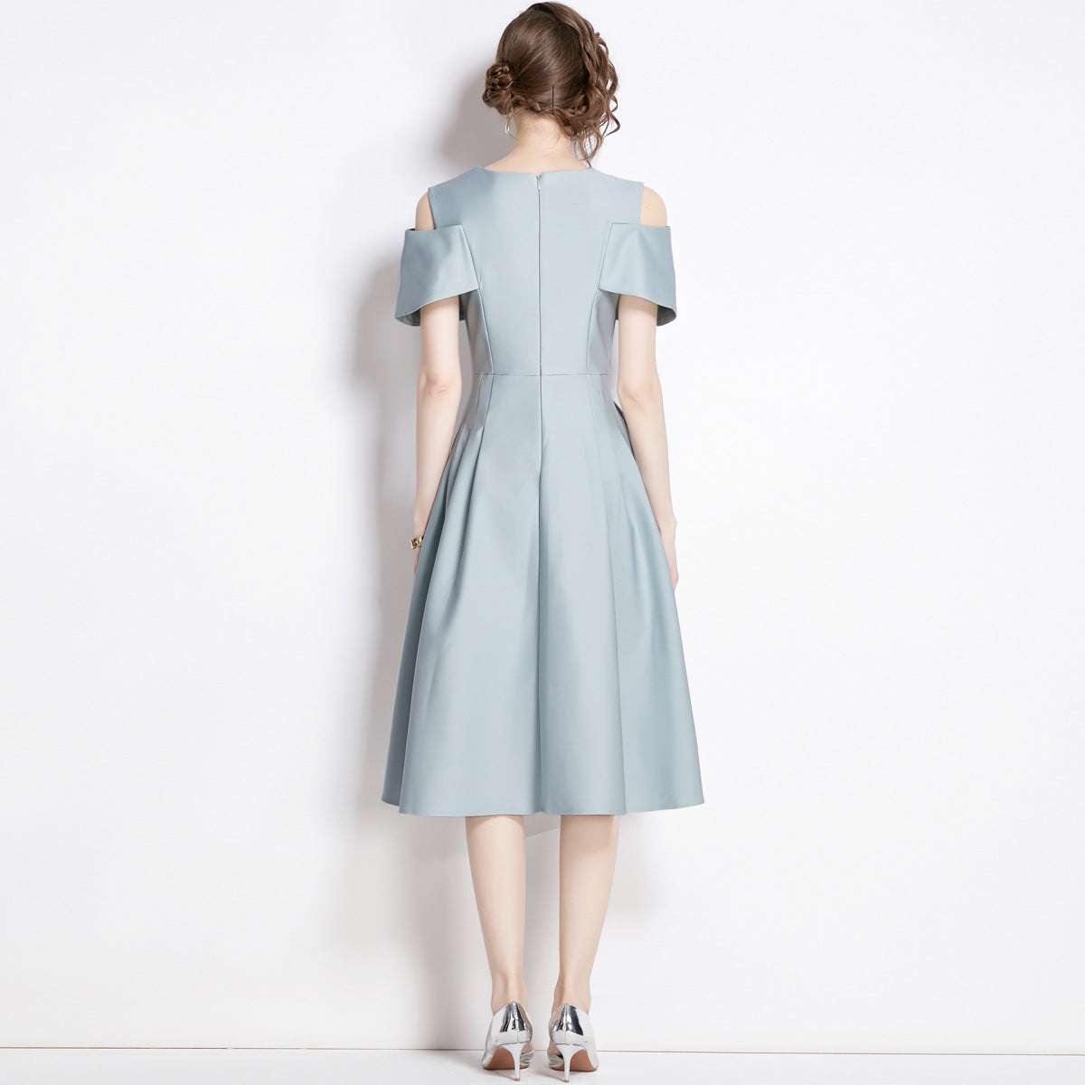 Off Shoulder V - Neck Fitted Vest Tucked Pleats Skirt Slate Blue Solid Satin Dress - NRJ-701A#1645_1