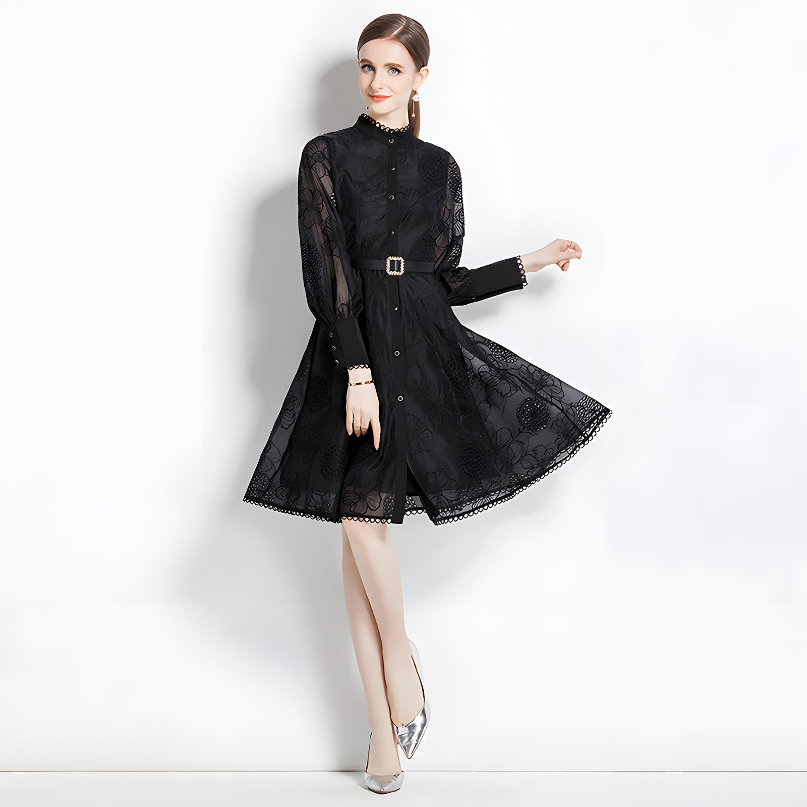 Luxury French Lace High Neck Retro Short Dress - 734462185250