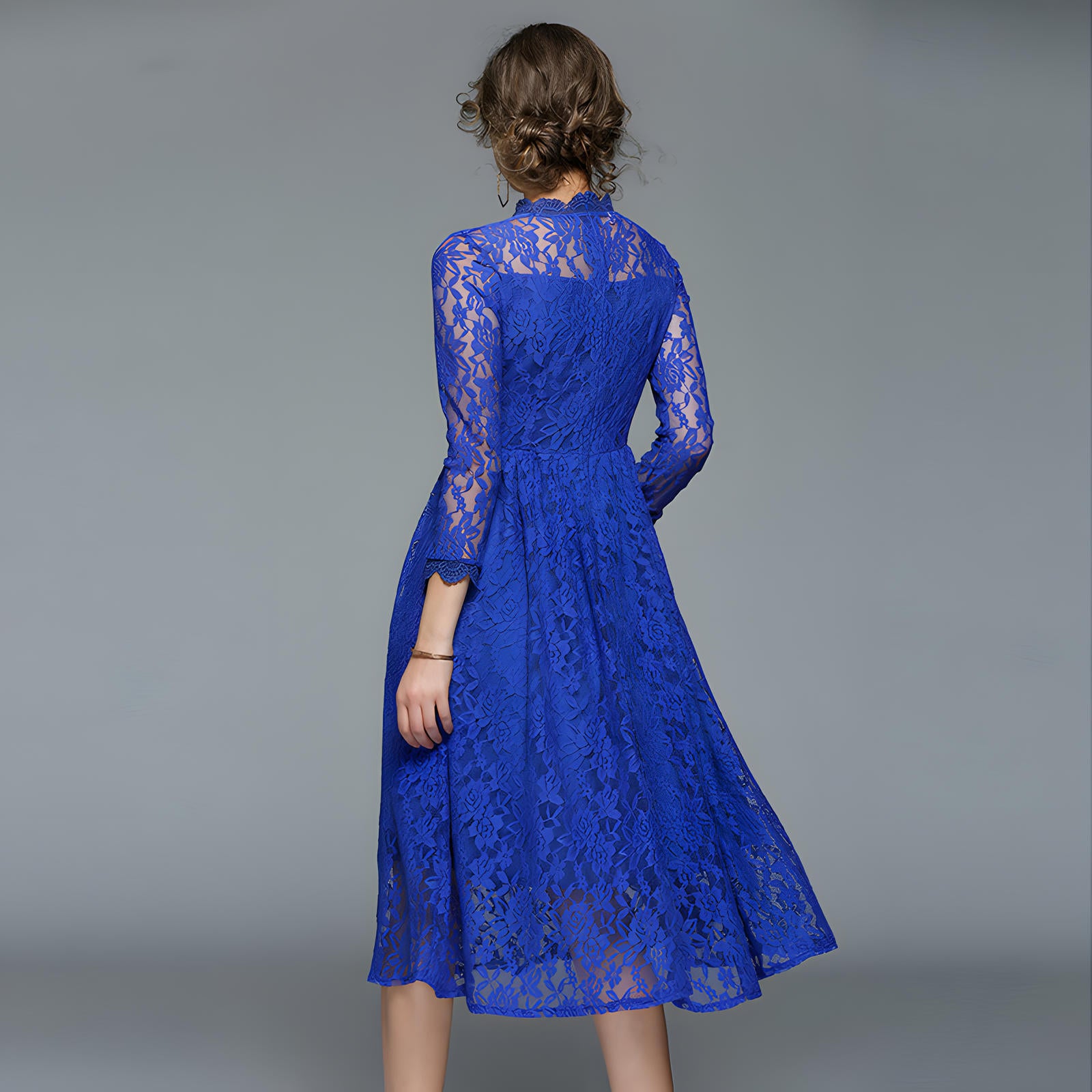 Luxury French Lace High Neck Retro Electric Blue Dress - 405#609 (EOSS)
