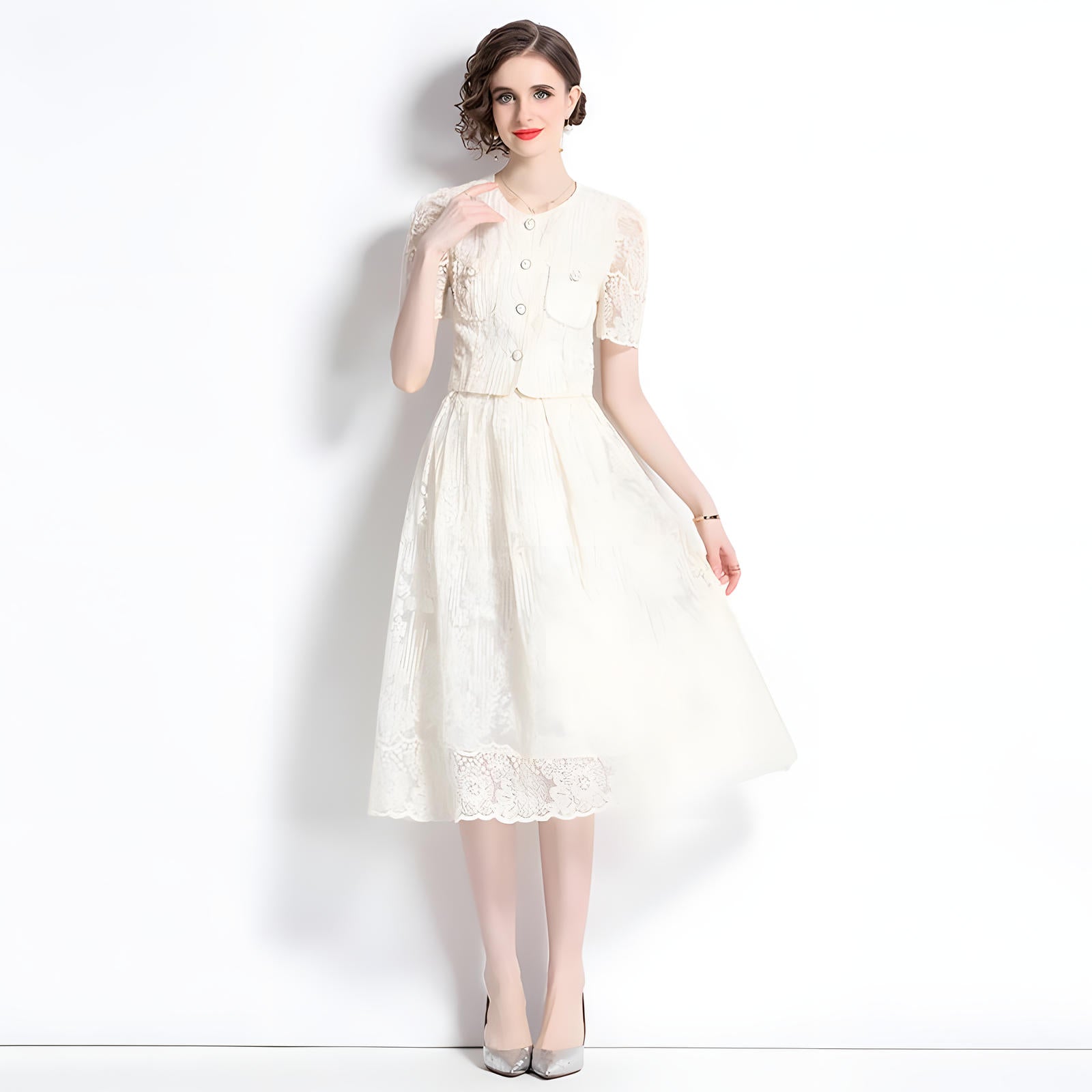 Embroidered French Lace Single Breasted Blouse and Skirt Two Piece Set - 8562#607_WHITE