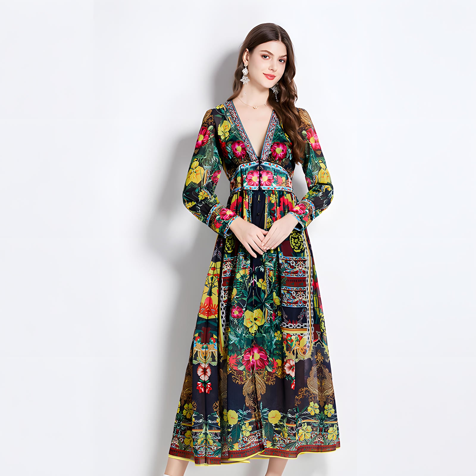 Printed Chiffon Plunging V - Neckline Elasticated Waist Front Split Long Dress - NRJ-720#2496