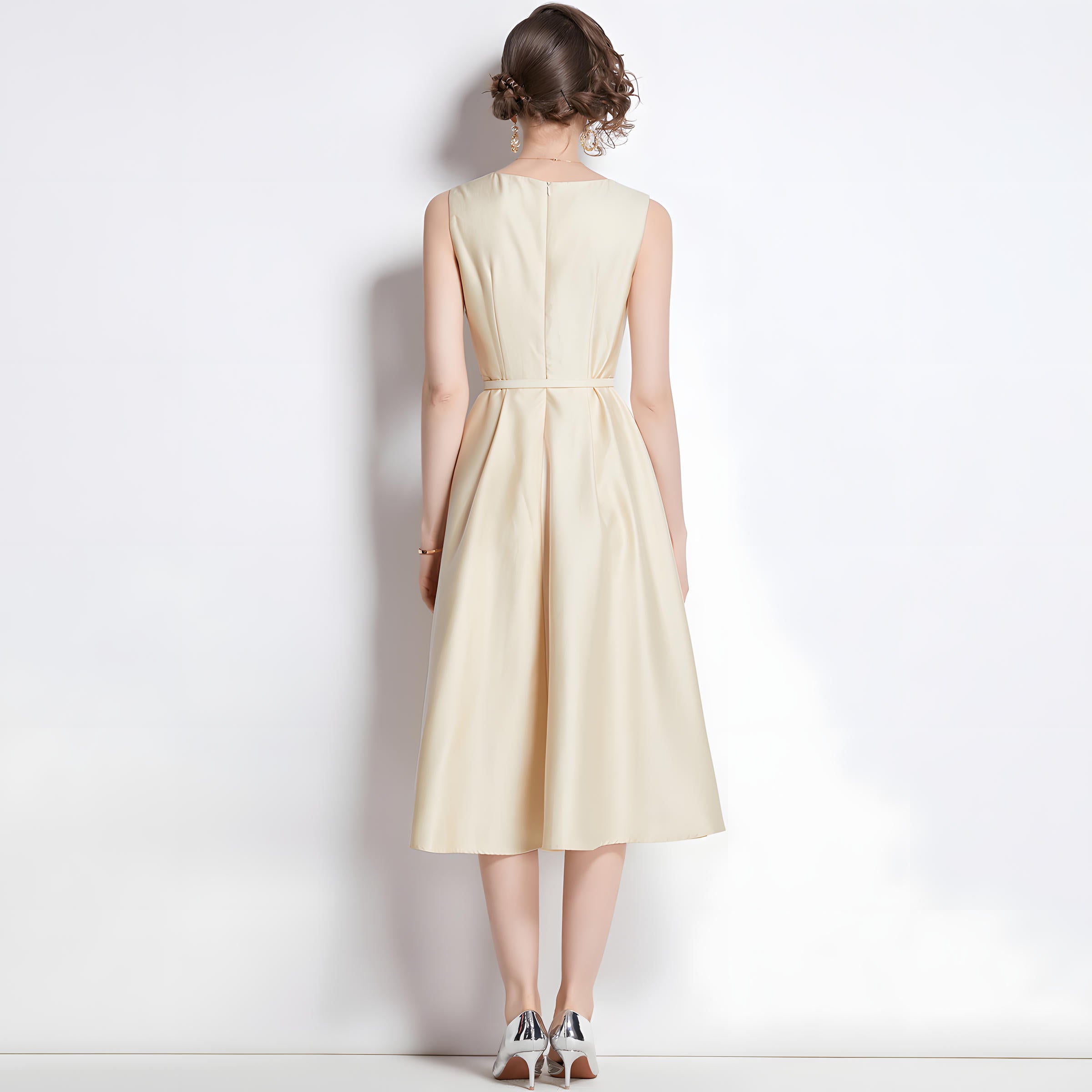 Princess Line Fitted Vest Apricot Sleeveless Satin Dress - 764153345733_BAS