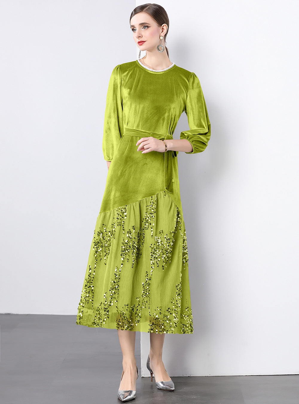 Velvet Mesh and Sequin Embellished Dress - 855932949530_GREEN