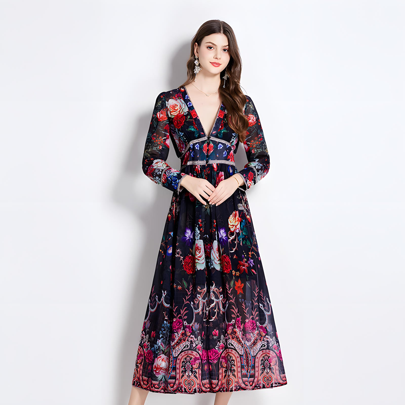 Printed Chiffon Plunging V - Neckline Elasticated Waist Front Split Long Dress - NRJ-720#2497 (EOSS)