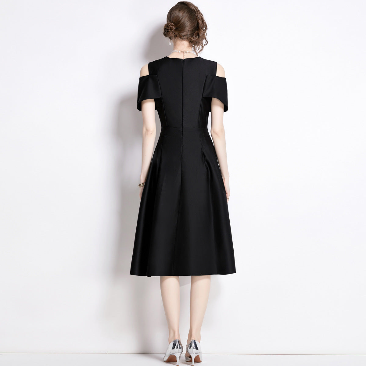 Off Shoulder V - Neck Fitted Vest Tucked Pleats Skirt Black Solid Satin Dress - NRJ-701A#1645_BLA