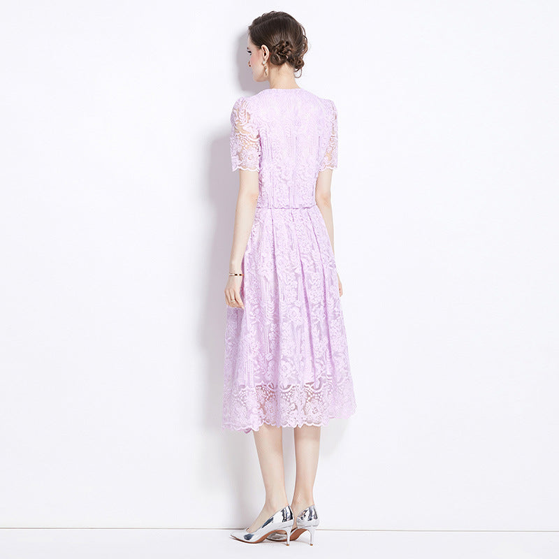 Embroidered French Lace Single Breasted Full Sleeve Blouse and Skirt Two Piece Set - 791558480609_BAS