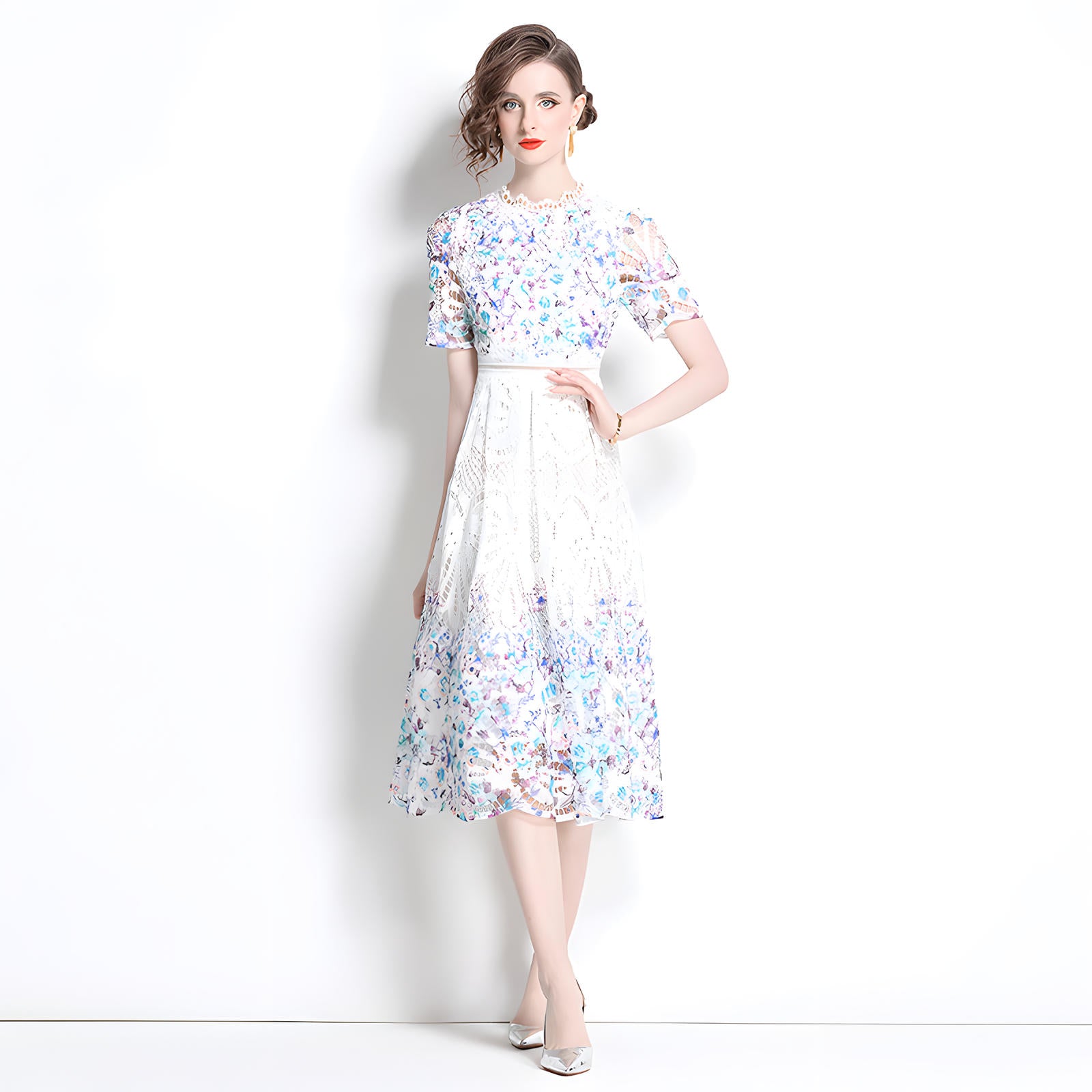 Printed Flower French Lace Jewel Neckline Dress - 800142260923_BAS