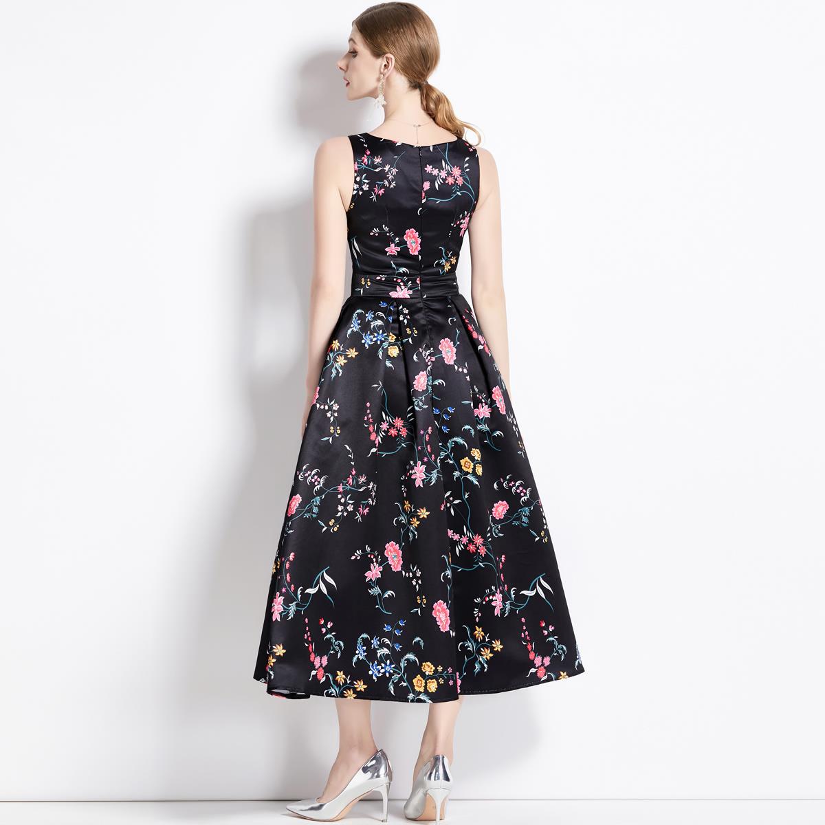 Sleeveless Boat Neck Fitted Vest Box Pleated Skirt Printed Satin Dress - 9088#701