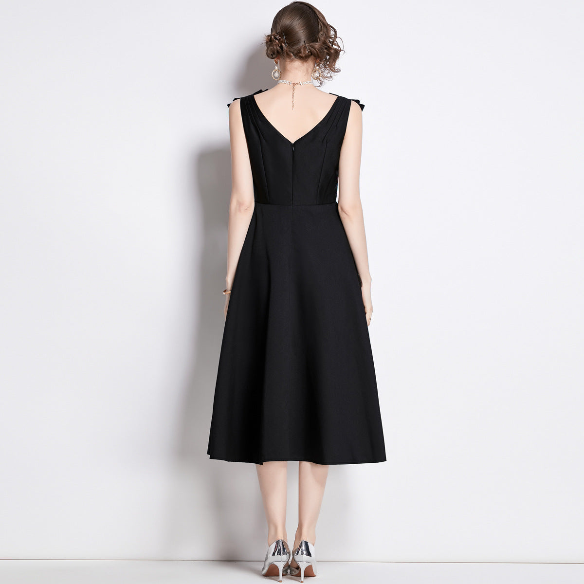 Hepburn Style Shoulder Bow V-Neck Solid Black Satin Dress - NRJ 7L 701-A#1634# (EOSS)