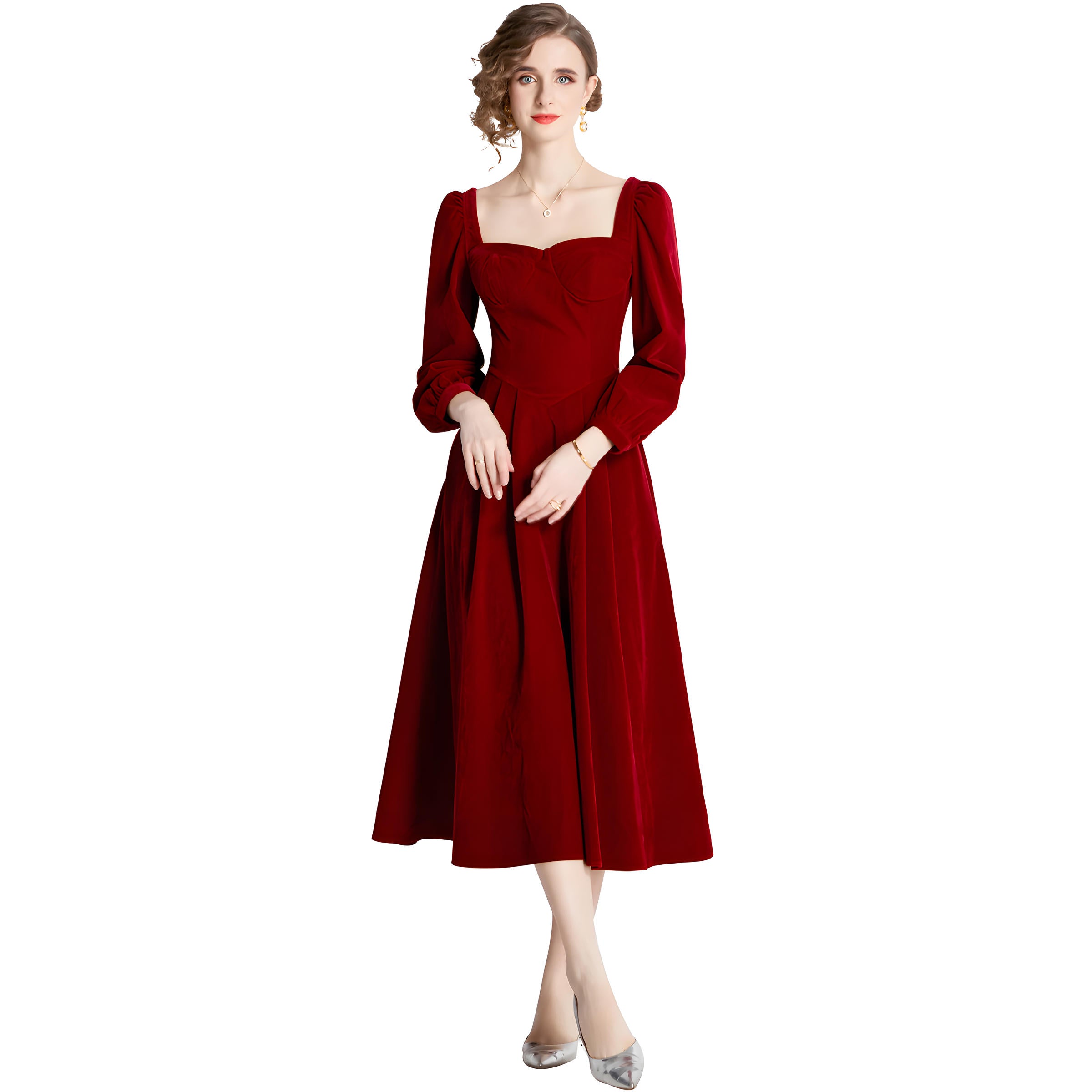 French Retro Sweetheart Neckline Corset Top Full Sleeves Pleated Skirt Velvet Scarlet Dress - 687113837683_SCA