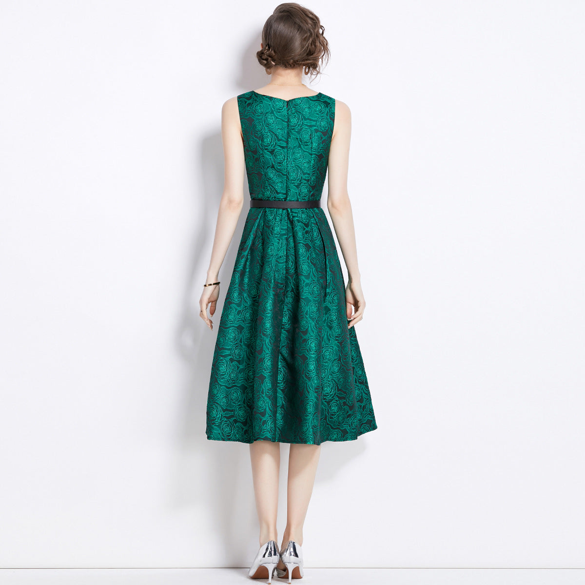 Sleeveless Square Neck Self Texture Jacquard Pleated Fitted Dress With Belt - 2089#701 (EOSS)