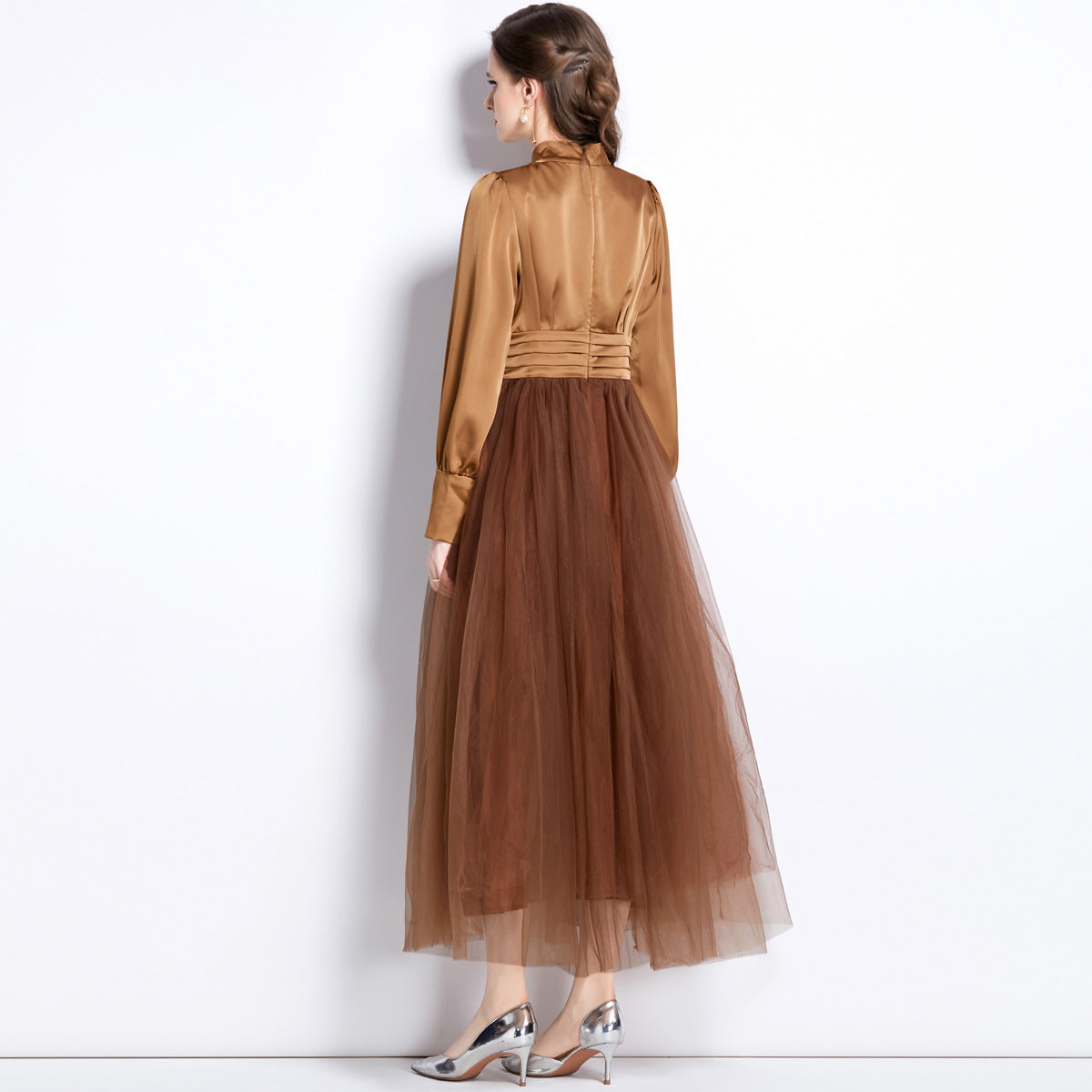 Stand Collar Pleated Vest Satin Blouse Mesh Skirt One Piece Russet Color Dress - 742117387610_BAS