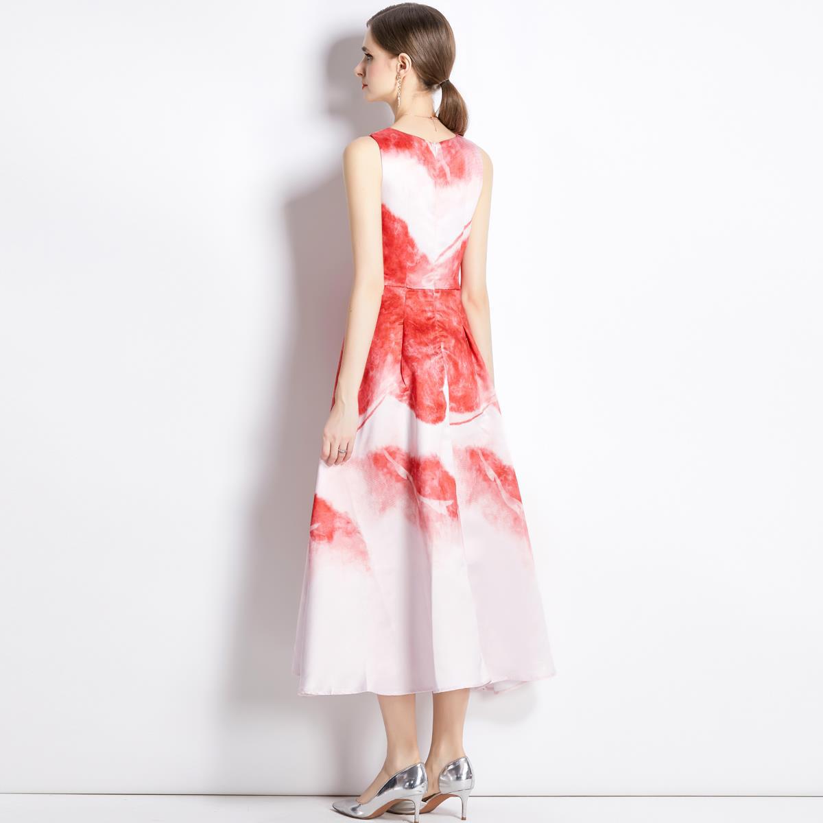 Sleeveless Boat Neck Fitted Vest Box Pleated Skirt Printed Satin Dress - 6182701