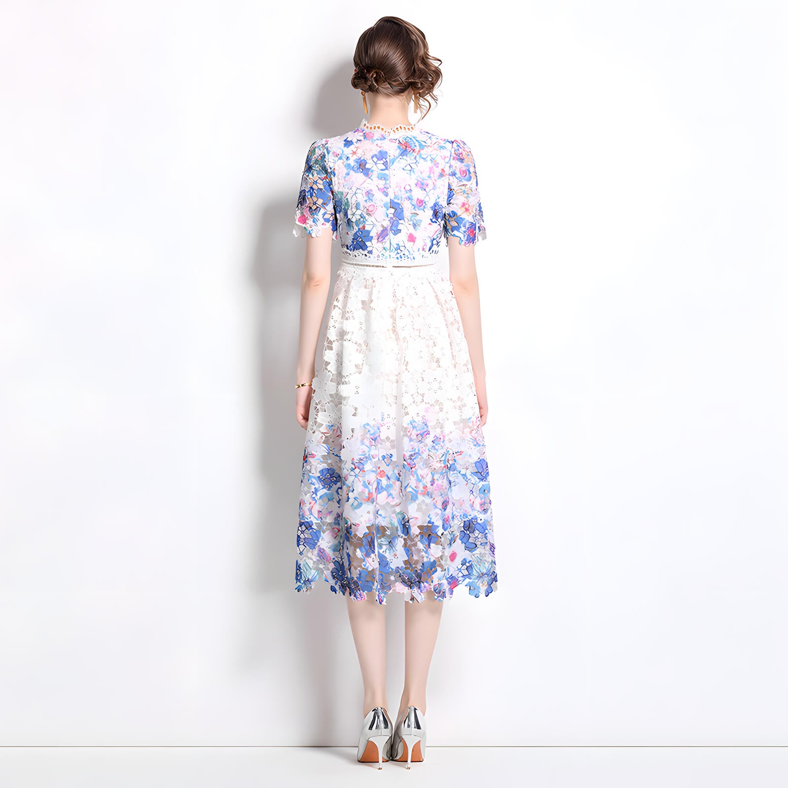 Printed Flower French Lace Jewel Neckline Dress - 802259454622_BAS