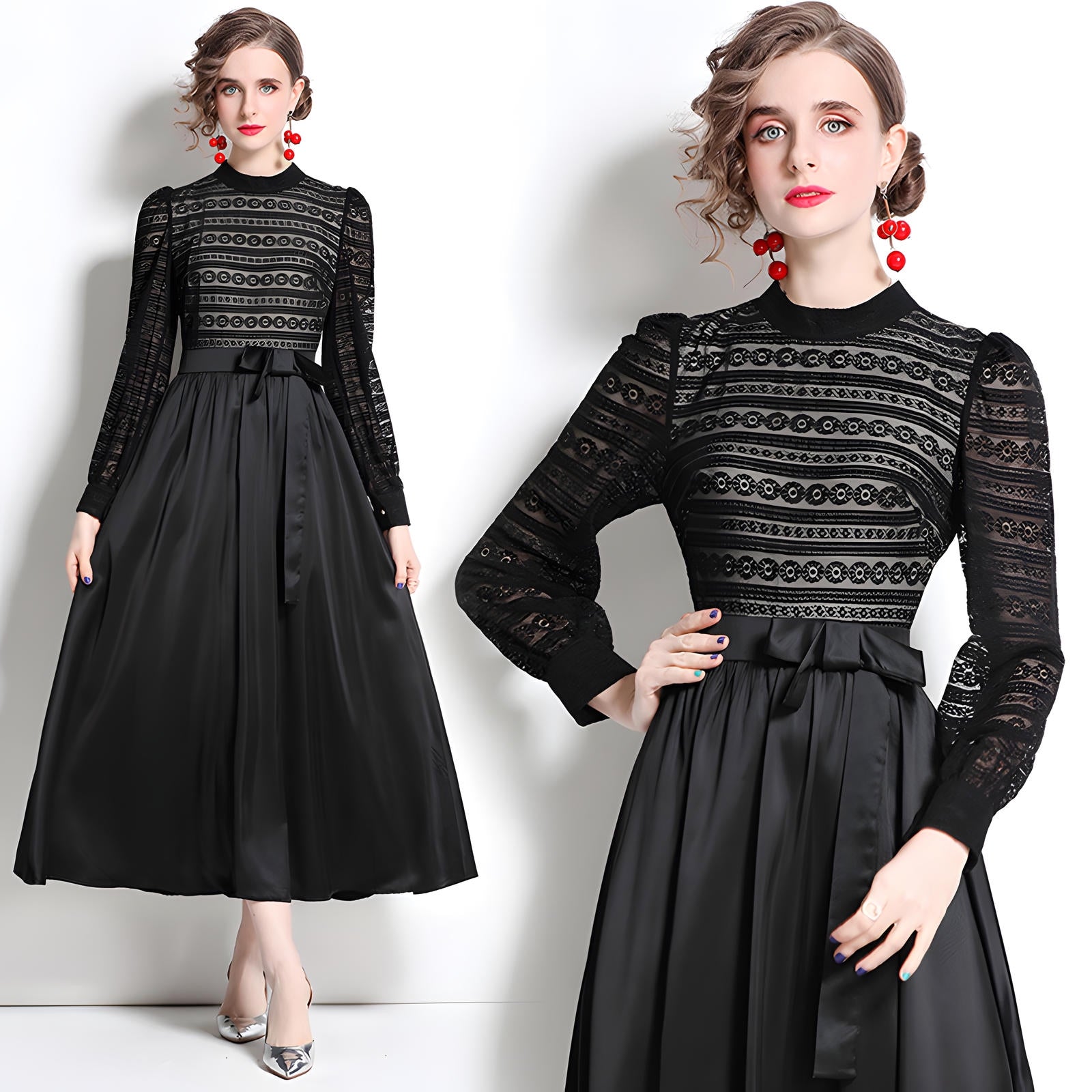 French Lace Nude Lining Vest Black Dress With Satin Skirt - 668632162100_BAS