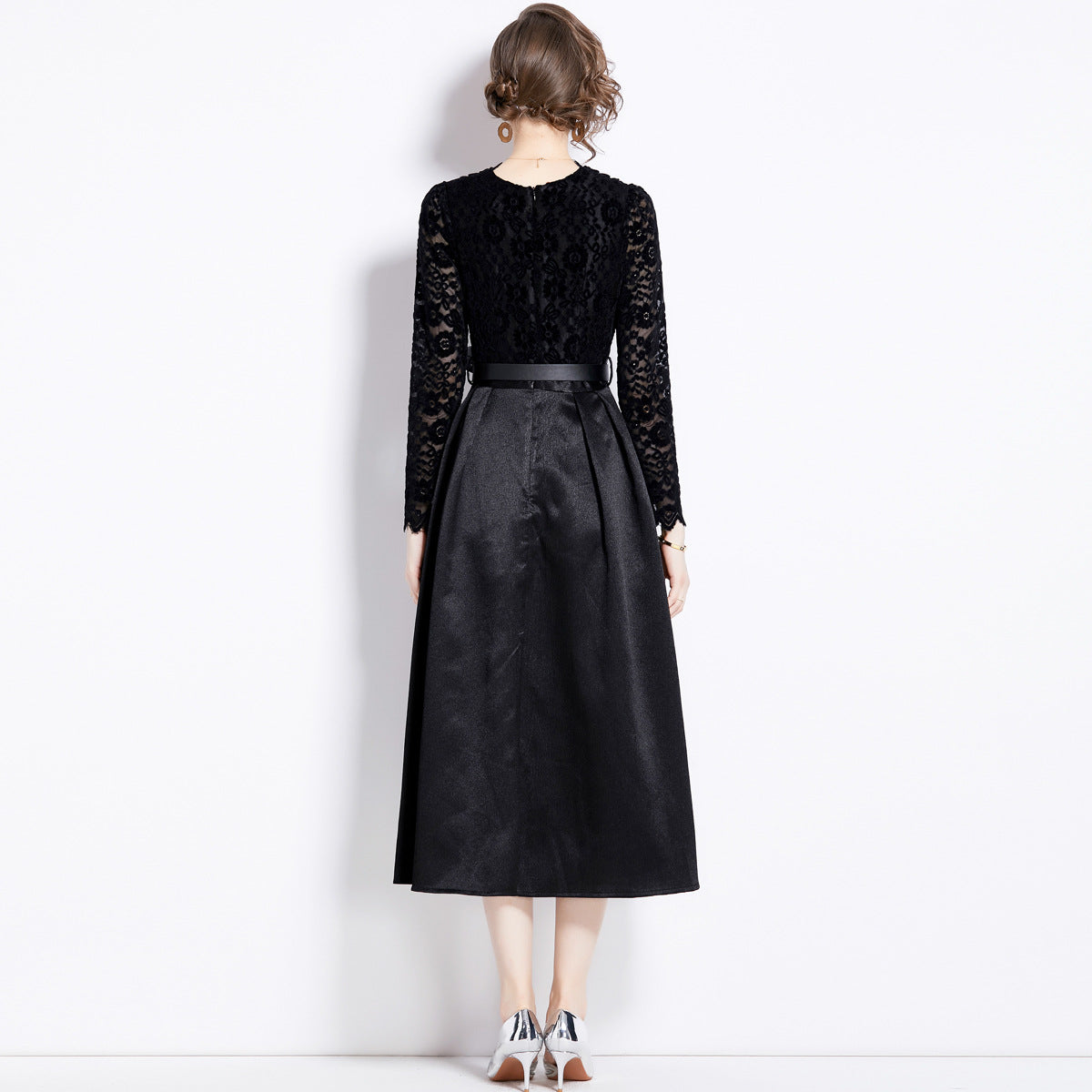 Retro Style Lace Blouse And Satin Skirt Black Dress With Belt - 760609456758_BAS