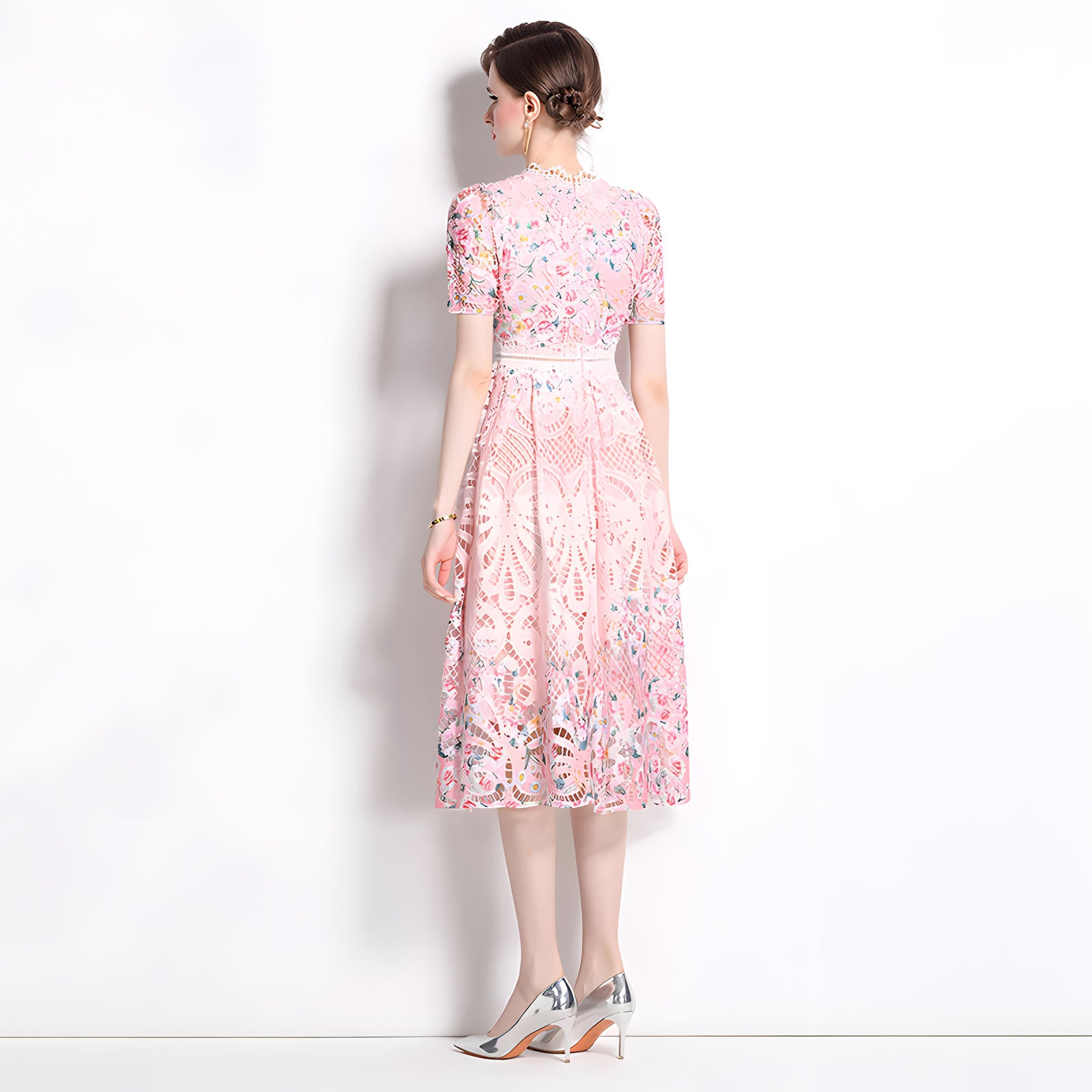 Printed Flower French Lace Jewel Neckline Dress - 802268282091_BAS