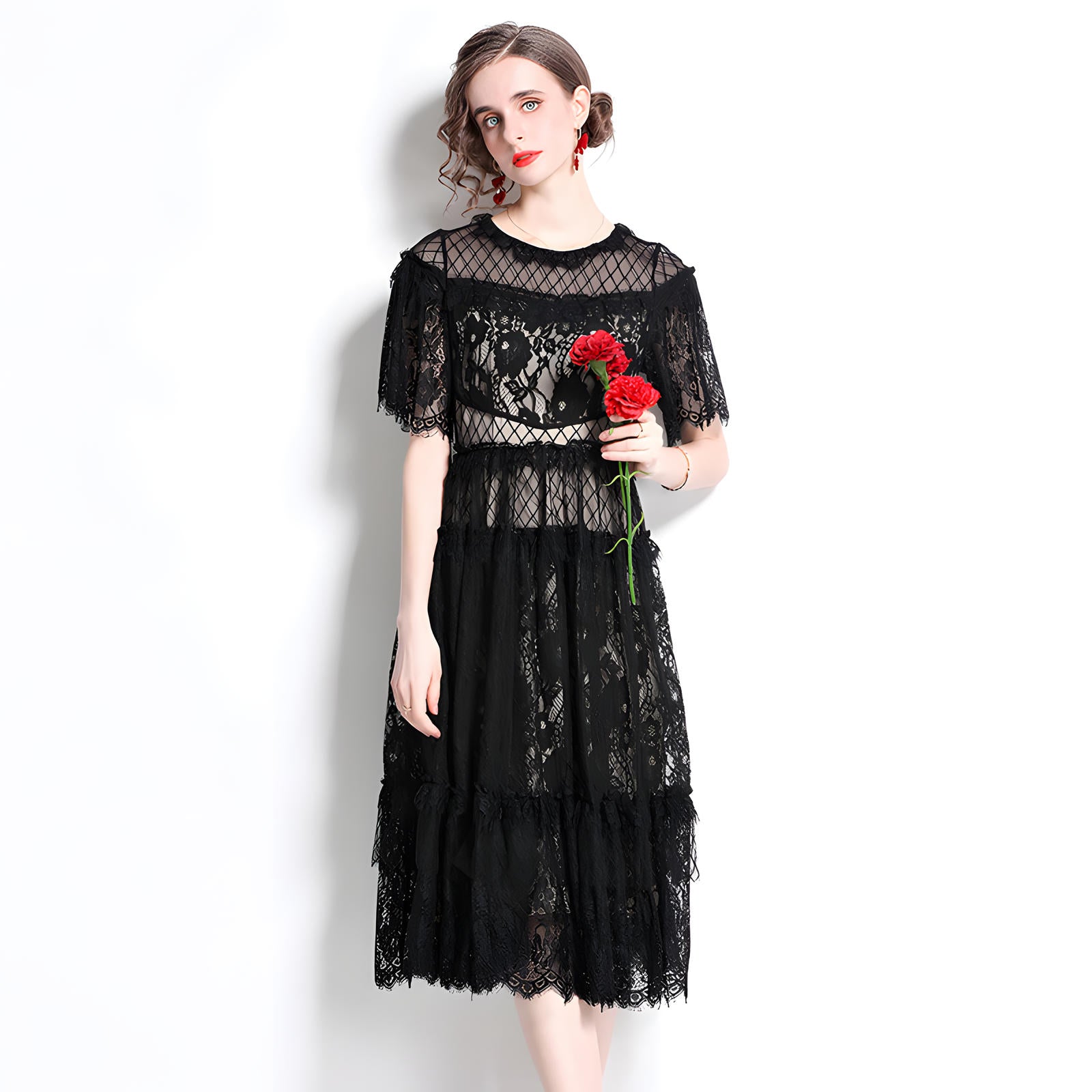Luxury French Layered Lace Round Neck Midi Black Dress - 8993607