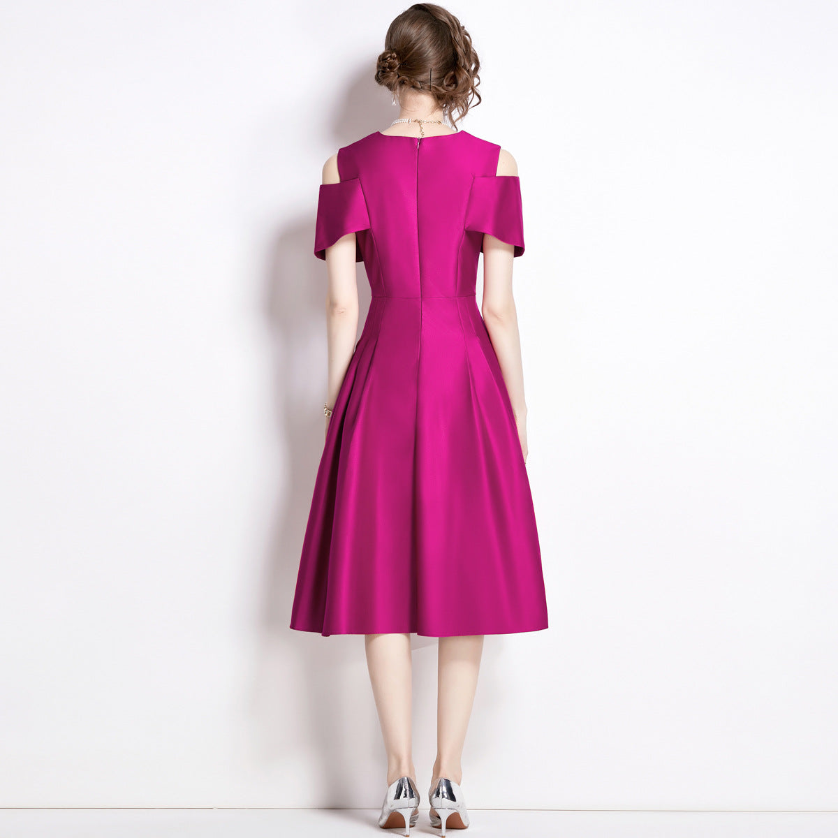 Off Shoulder V - Neck Fitted Vest Tucked Pleats Skirt Hot Pink Solid Satin Dress - NRJ-701A#1645_2