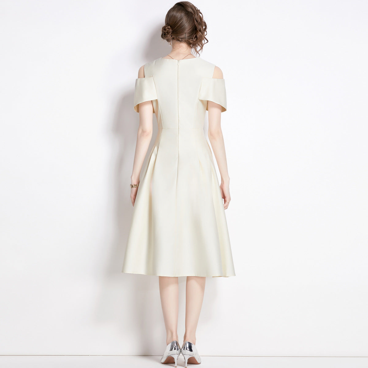 Off Shoulder V - Neck Fitted Vest Tucked Pleats Skirt Apricot Solid Satin Dress - NRJ-701A#1645_4