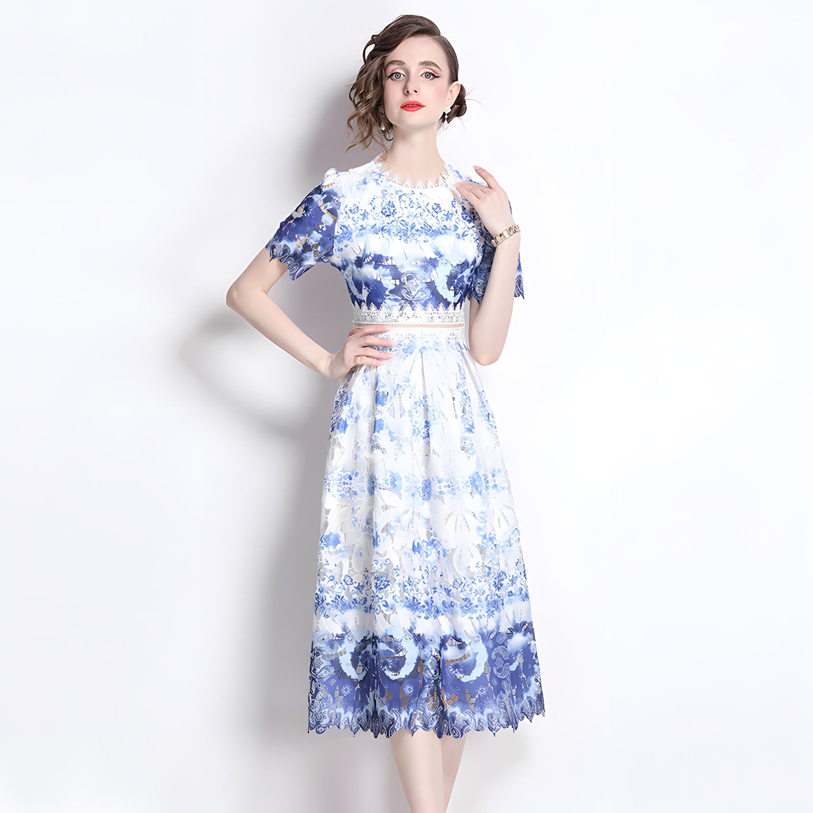 French Printed Flower Lace Jewel Neckline Retro Dress - 795242988743_BAS